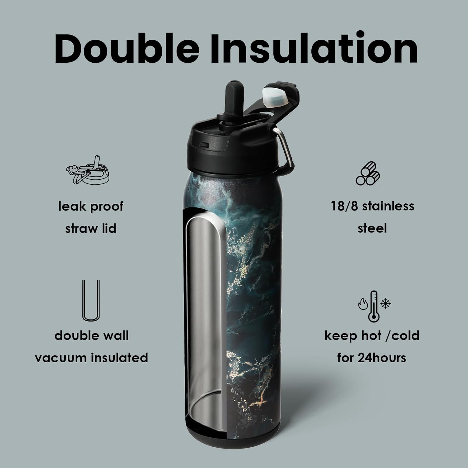 BOTTLE BOTTLE 24oz Insulated Water Bottle Stainless Steel Sport Water Bottle with Straw and Adjustable Lid Daily Pill Organizer