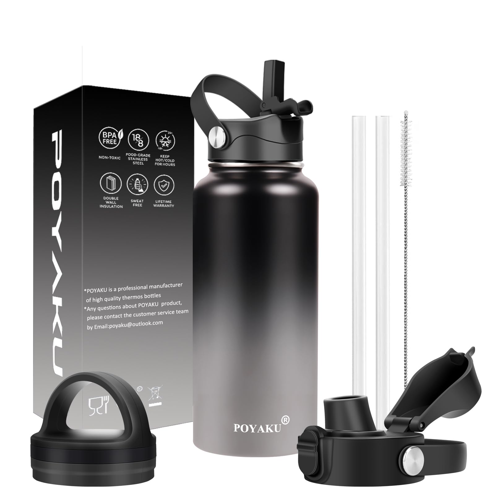 Water Bottle Insulated 32oz 40oz 64oz 128oz Straw Lid Spout Lid & 3 Lids, Leak Proof, Vacuum Insulated,Stainless Steel Water Bottle Wide Mouth for Sports, Gym or Office