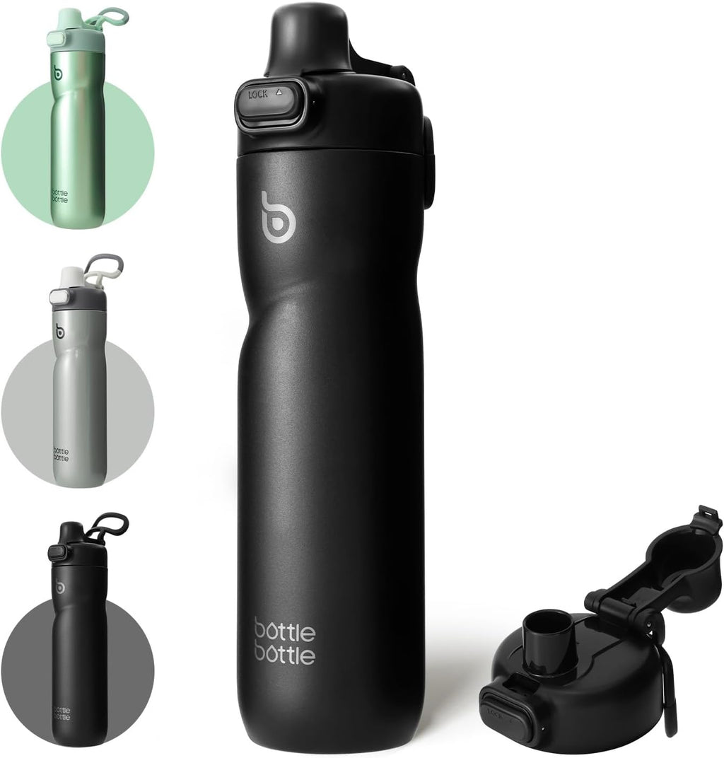 BOTTLE BOTTLE Insulated Water Bottle 24 oz with Handle and Flip Tops Lids Stainless Steel Water Bottle Push Button Lid Leak proof Portable for Running Travel Sports Hiking black
