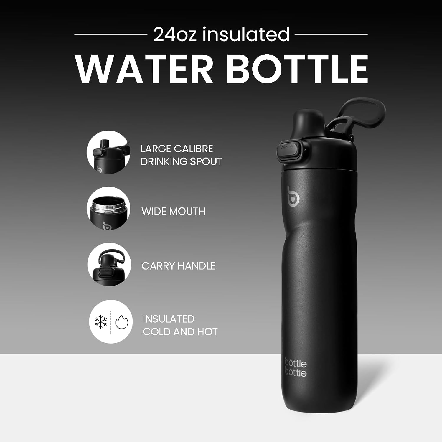 BOTTLE BOTTLE Insulated Water Bottle 24 oz with Handle and Flip Tops Lids Stainless Steel Water Bottle Push Button Lid Leak proof Portable for Running Travel Sports Hiking black