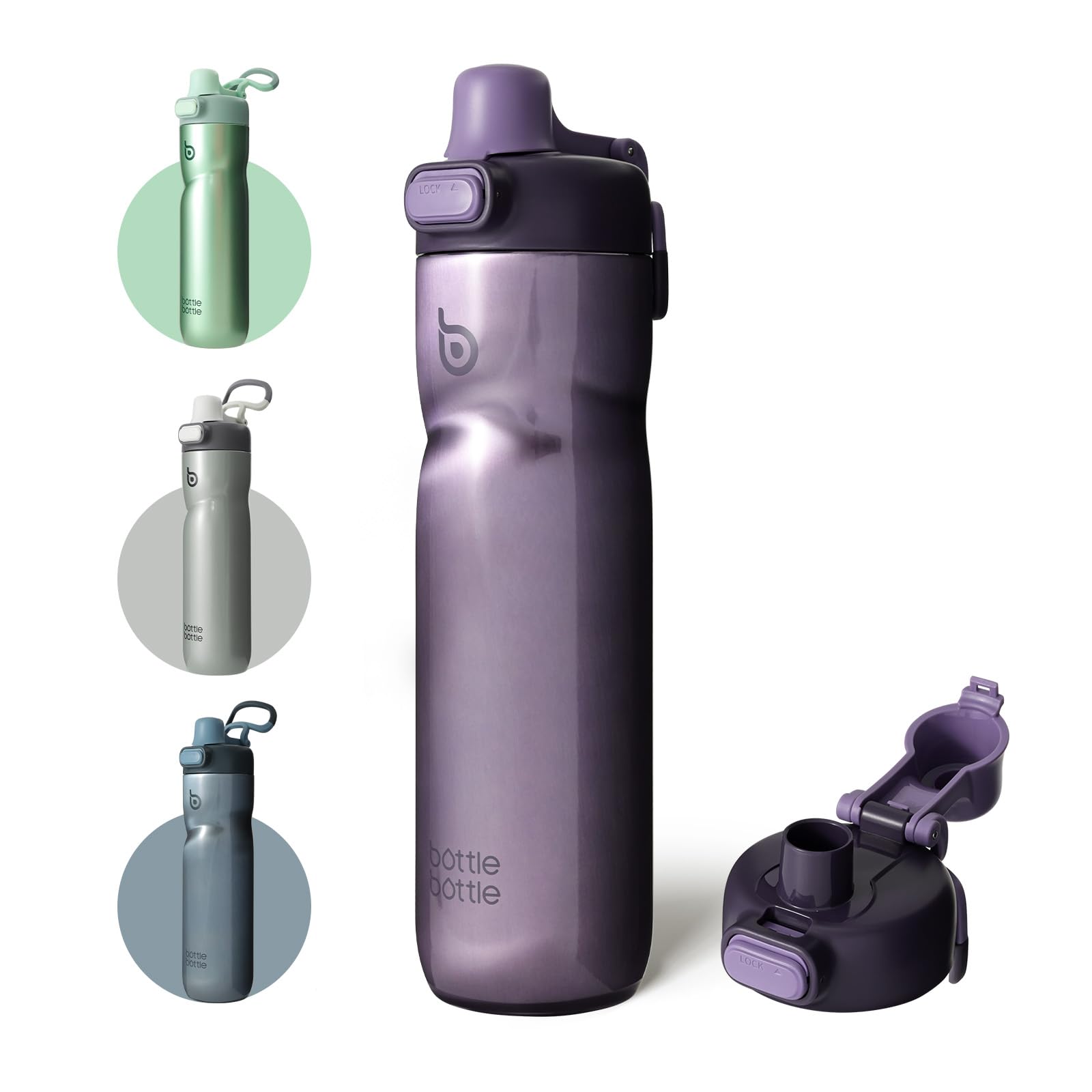 BOTTLE BOTTLE Insulated Water Bottle 24 oz with Handle and Flip Tops Lids Stainless Steel Water Bottle Push Button Lid Leak proof Portable for Running Travel Sports Hiking black