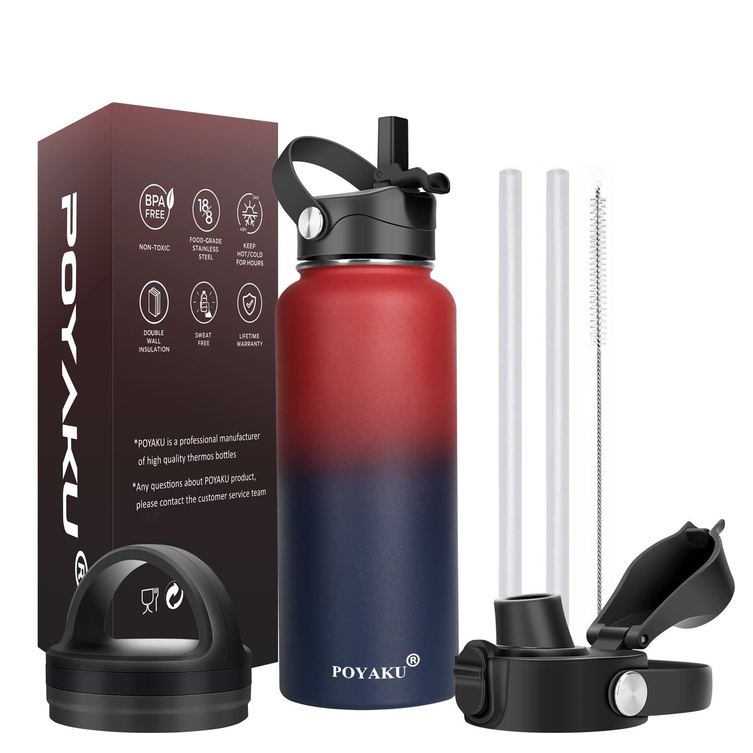 Water Bottle Insulated 32oz 40oz 64oz 128oz Straw Lid Spout Lid & 3 Lids, Leak Proof, Vacuum Insulated,Stainless Steel Water Bottle Wide Mouth for Sports, Gym or Office