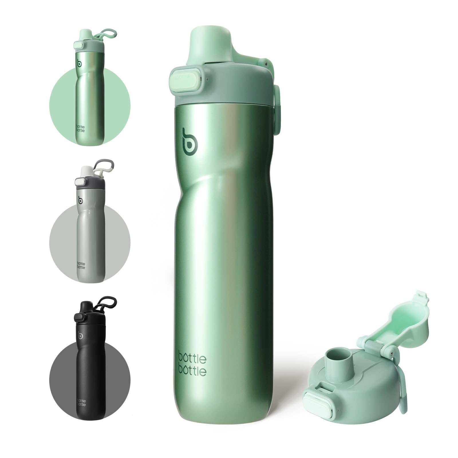 BOTTLE BOTTLE Insulated Water Bottle 24 oz with Handle and Flip Tops Lids Stainless Steel Water Bottle Push Button Lid Leak proof Portable for Running Travel Sports Hiking black