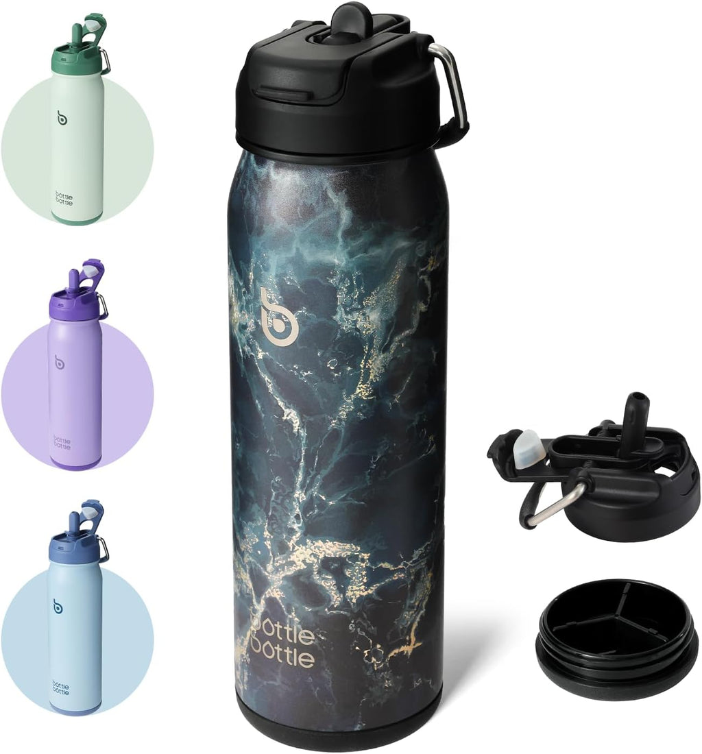 BOTTLE BOTTLE 24oz Insulated Water Bottle Stainless Steel Sport Water Bottle with Straw and Adjustable Lid Daily Pill Organizer