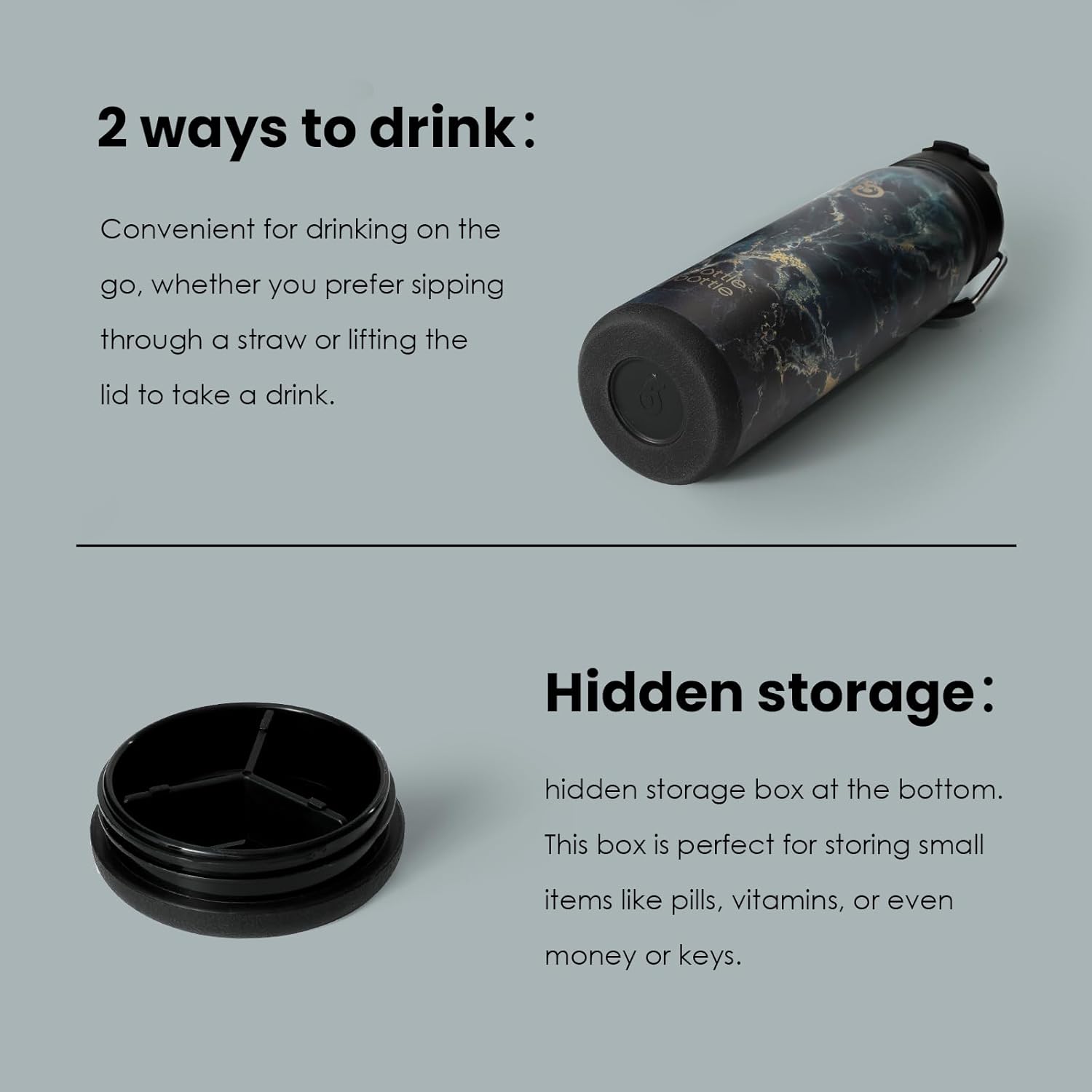 BOTTLE BOTTLE 24oz Insulated Water Bottle Stainless Steel Sport Water Bottle with Straw and Adjustable Lid Daily Pill Organizer