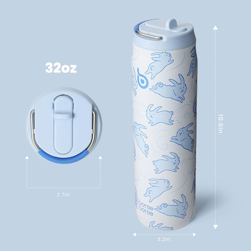 BOTTLE BOTTLE Stainless Steel Water Bottle with Straw and Lid 32 oz Vacuum Insulated Cup Stay Cold and Hot, Leak-Proof Wide Mouth Water Bottles for Women,Rabbits