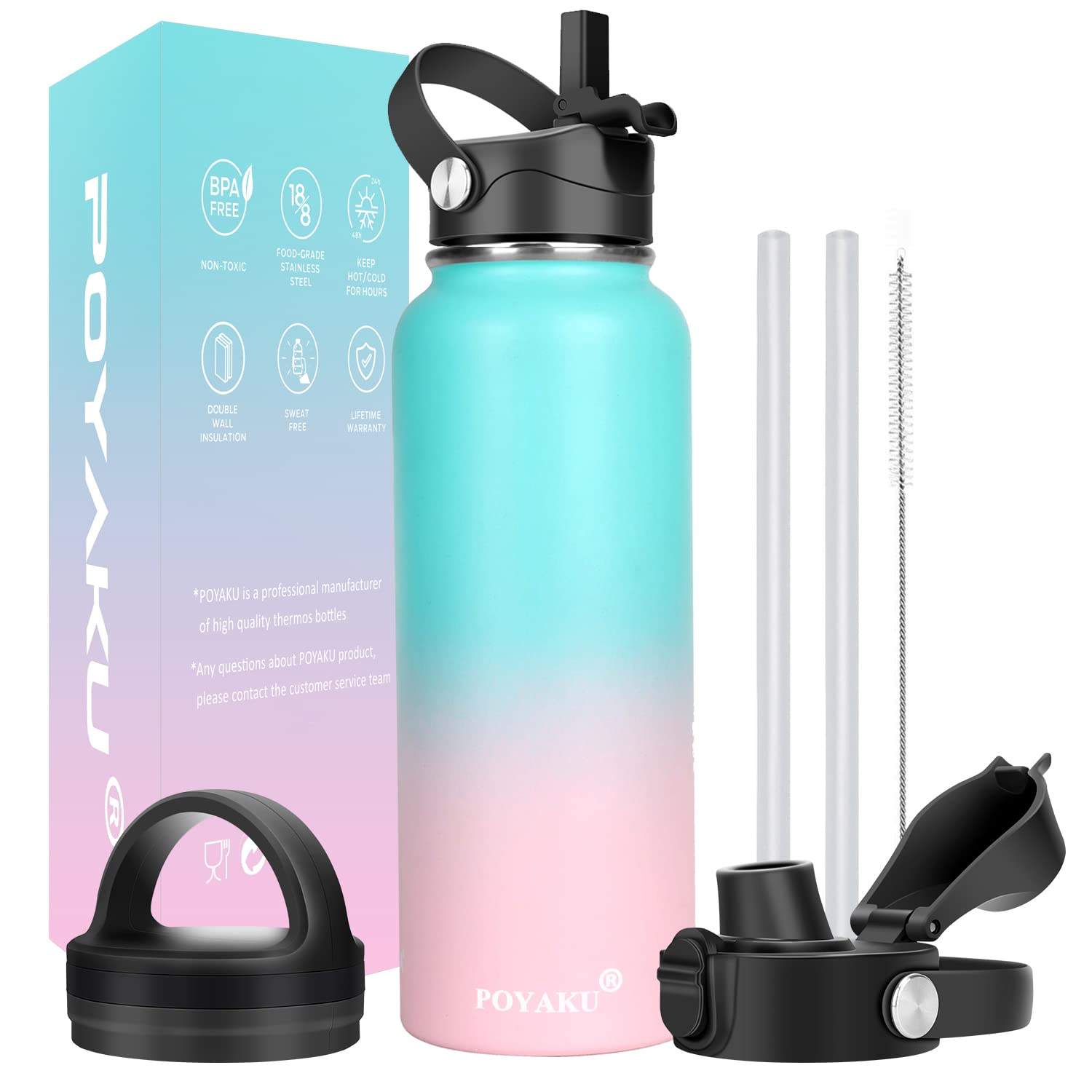 Water Bottle Insulated 32oz 40oz 64oz 128oz Straw Lid Spout Lid & 3 Lids, Leak Proof, Vacuum Insulated,Stainless Steel Water Bottle Wide Mouth for Sports, Gym or Office