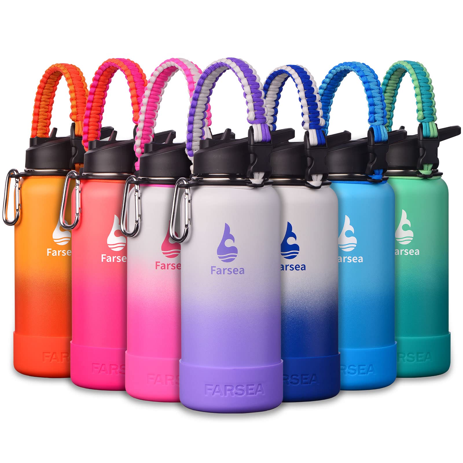 Farsea Insulated Water Bottle With Paracord Handle, Protective Silicone Boot and 2 Lids (Straw Lid & Spout Lid), Stainless Steel Water Bottle Wide Mouth, Double Wall Sweat-Proof BPA-Free, 18 oz