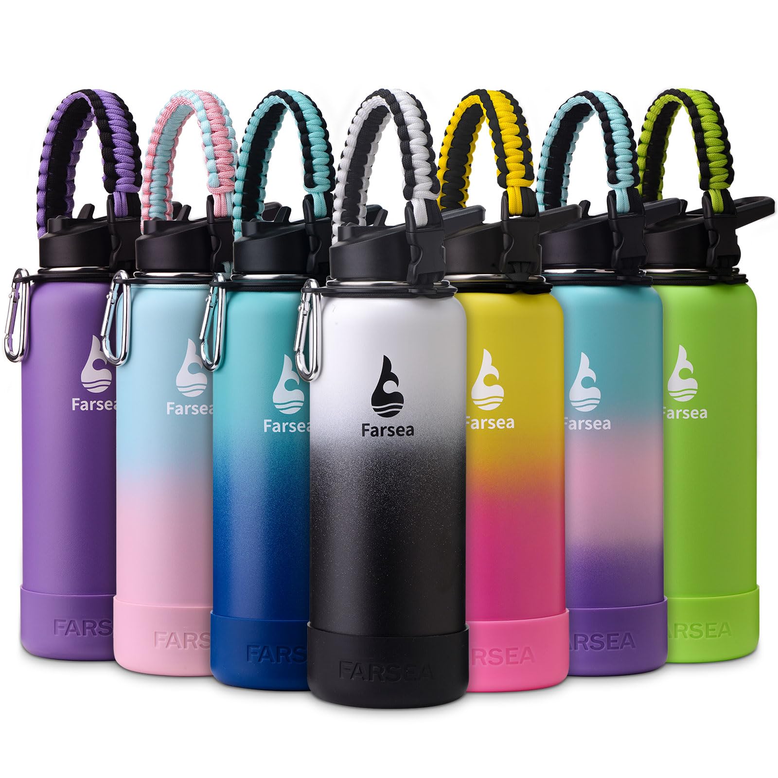 Farsea Insulated Water Bottle With Paracord Handle, Protective Silicone Boot and 2 Lids (Straw Lid & Spout Lid), Stainless Steel Water Bottle Wide Mouth, Double Wall Sweat-Proof BPA-Free, 18 oz