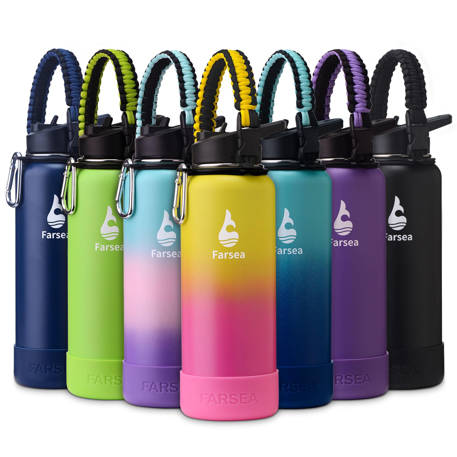 Farsea Insulated Water Bottle With Paracord Handle, Protective Silicone Boot and 2 Lids (Straw Lid & Spout Lid), Stainless Steel Water Bottle Wide Mouth, Double Wall Sweat-Proof BPA-Free, 18 oz
