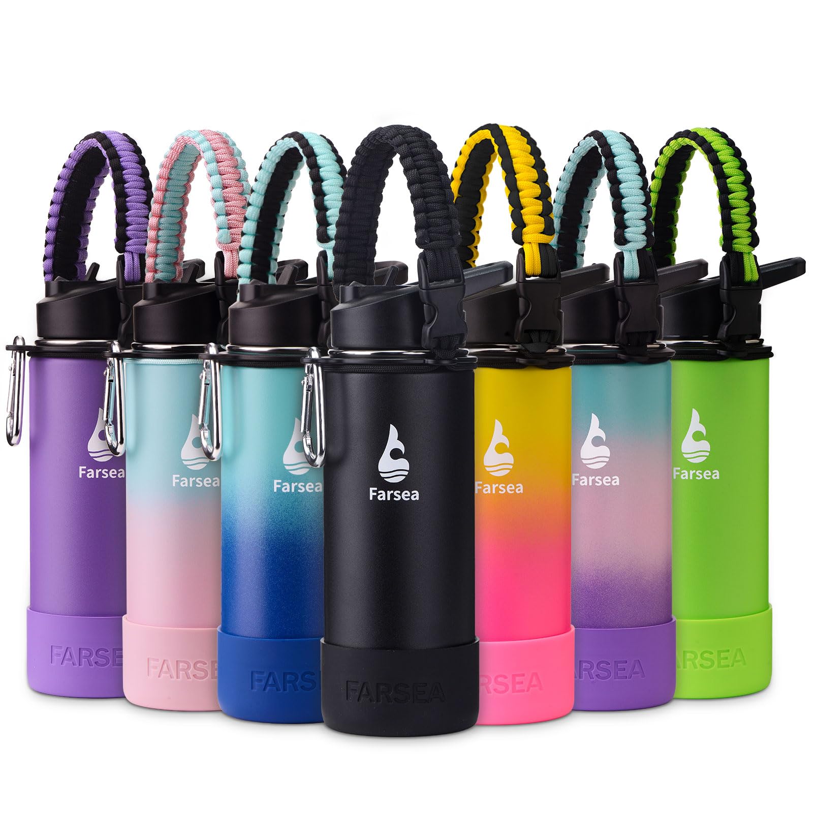 Farsea Insulated Water Bottle With Paracord Handle, Protective Silicone Boot and 2 Lids (Straw Lid & Spout Lid), Stainless Steel Water Bottle Wide Mouth, Double Wall Sweat-Proof BPA-Free, 18 oz