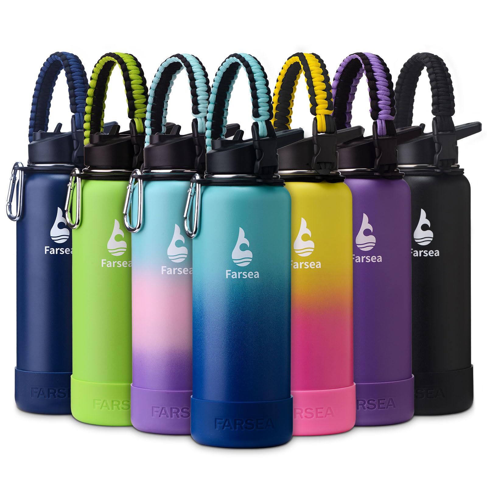 Farsea Insulated Water Bottle With Paracord Handle, Protective Silicone Boot and 2 Lids (Straw Lid & Spout Lid), Stainless Steel Water Bottle Wide Mouth, Double Wall Sweat-Proof BPA-Free, 18 oz