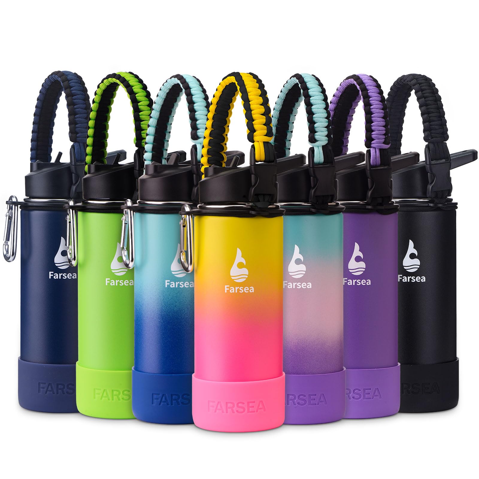Farsea Insulated Water Bottle With Paracord Handle, Protective Silicone Boot and 2 Lids (Straw Lid & Spout Lid), Stainless Steel Water Bottle Wide Mouth, Double Wall Sweat-Proof BPA-Free, 18 oz