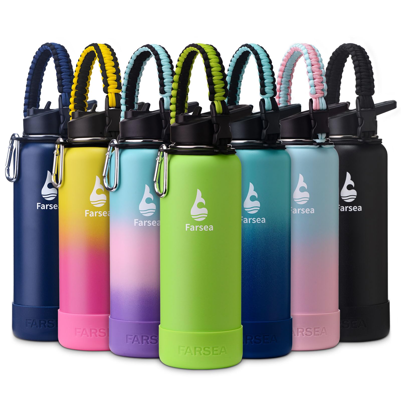 Farsea Insulated Water Bottle With Paracord Handle, Protective Silicone Boot and 2 Lids (Straw Lid & Spout Lid), Stainless Steel Water Bottle Wide Mouth, Double Wall Sweat-Proof BPA-Free, 18 oz