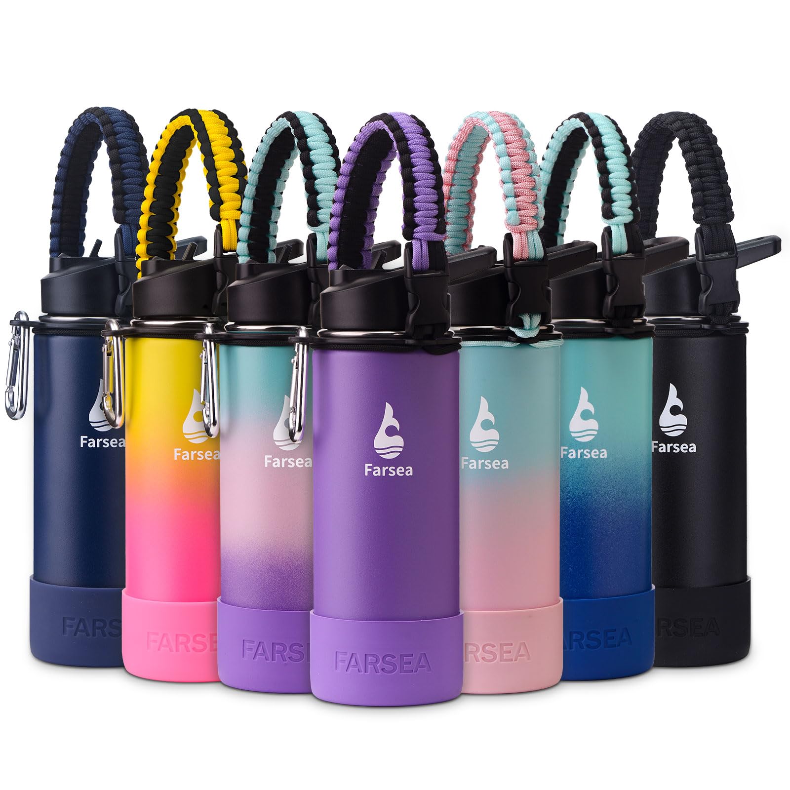 Farsea Insulated Water Bottle With Paracord Handle, Protective Silicone Boot and 2 Lids (Straw Lid & Spout Lid), Stainless Steel Water Bottle Wide Mouth, Double Wall Sweat-Proof BPA-Free, 18 oz