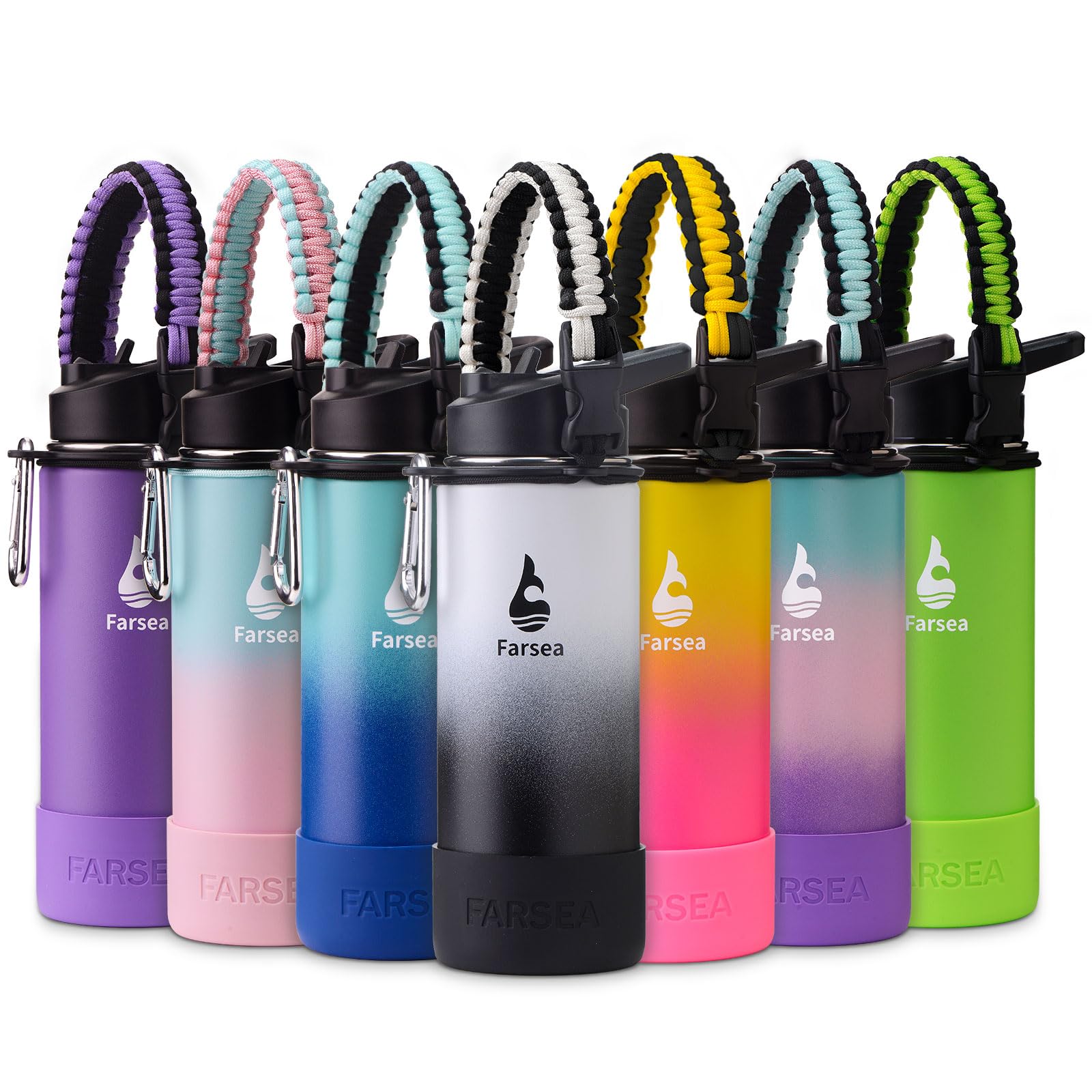 Farsea Insulated Water Bottle With Paracord Handle, Protective Silicone Boot and 2 Lids (Straw Lid & Spout Lid), Stainless Steel Water Bottle Wide Mouth, Double Wall Sweat-Proof BPA-Free, 18 oz