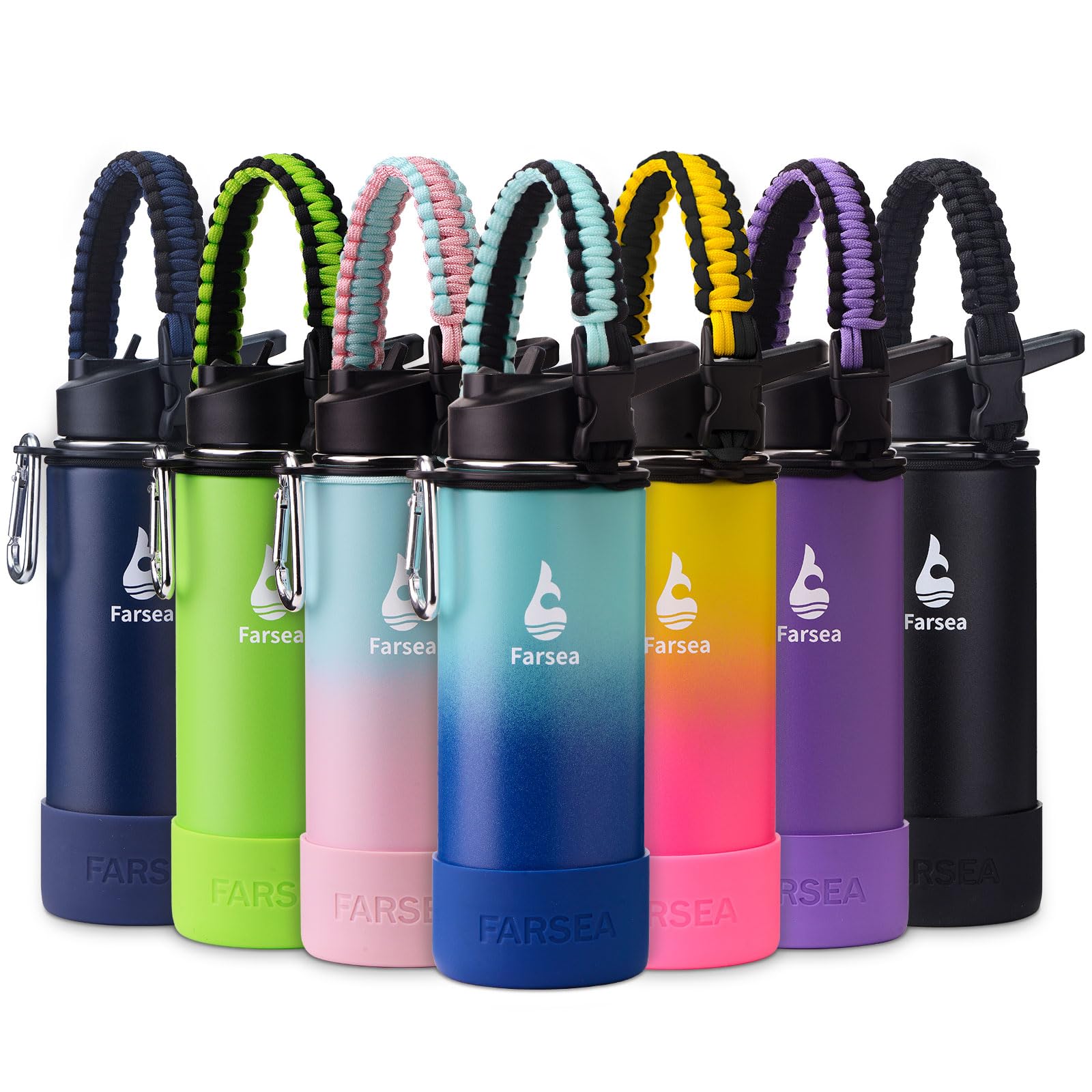 Farsea Insulated Water Bottle With Paracord Handle, Protective Silicone Boot and 2 Lids (Straw Lid & Spout Lid), Stainless Steel Water Bottle Wide Mouth, Double Wall Sweat-Proof BPA-Free, 18 oz