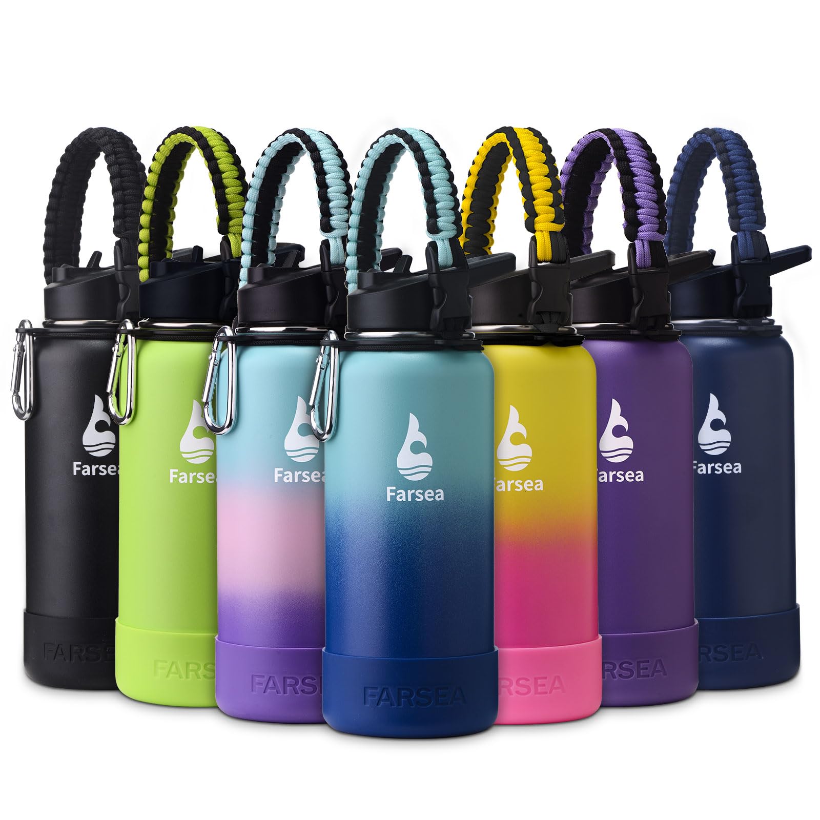 Farsea Insulated Water Bottle With Paracord Handle, Protective Silicone Boot and 2 Lids (Straw Lid & Spout Lid), Stainless Steel Water Bottle Wide Mouth, Double Wall Sweat-Proof BPA-Free, 18 oz
