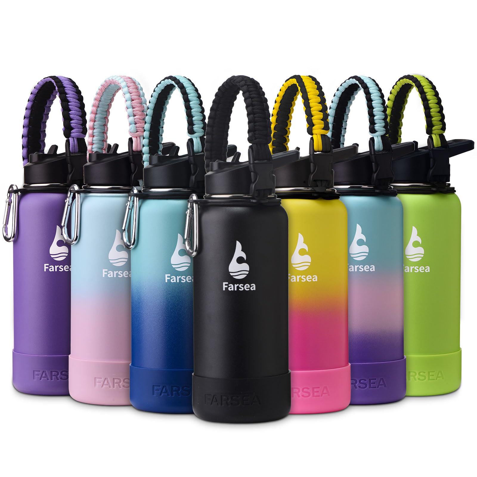 Farsea Insulated Water Bottle With Paracord Handle, Protective Silicone Boot and 2 Lids (Straw Lid & Spout Lid), Stainless Steel Water Bottle Wide Mouth, Double Wall Sweat-Proof BPA-Free, 18 oz