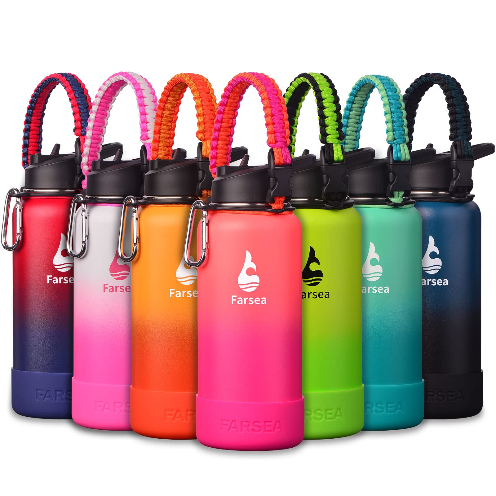 Farsea Insulated Water Bottle With Paracord Handle, Protective Silicone Boot and 2 Lids (Straw Lid & Spout Lid), Stainless Steel Water Bottle Wide Mouth, Double Wall Sweat-Proof BPA-Free, 18 oz
