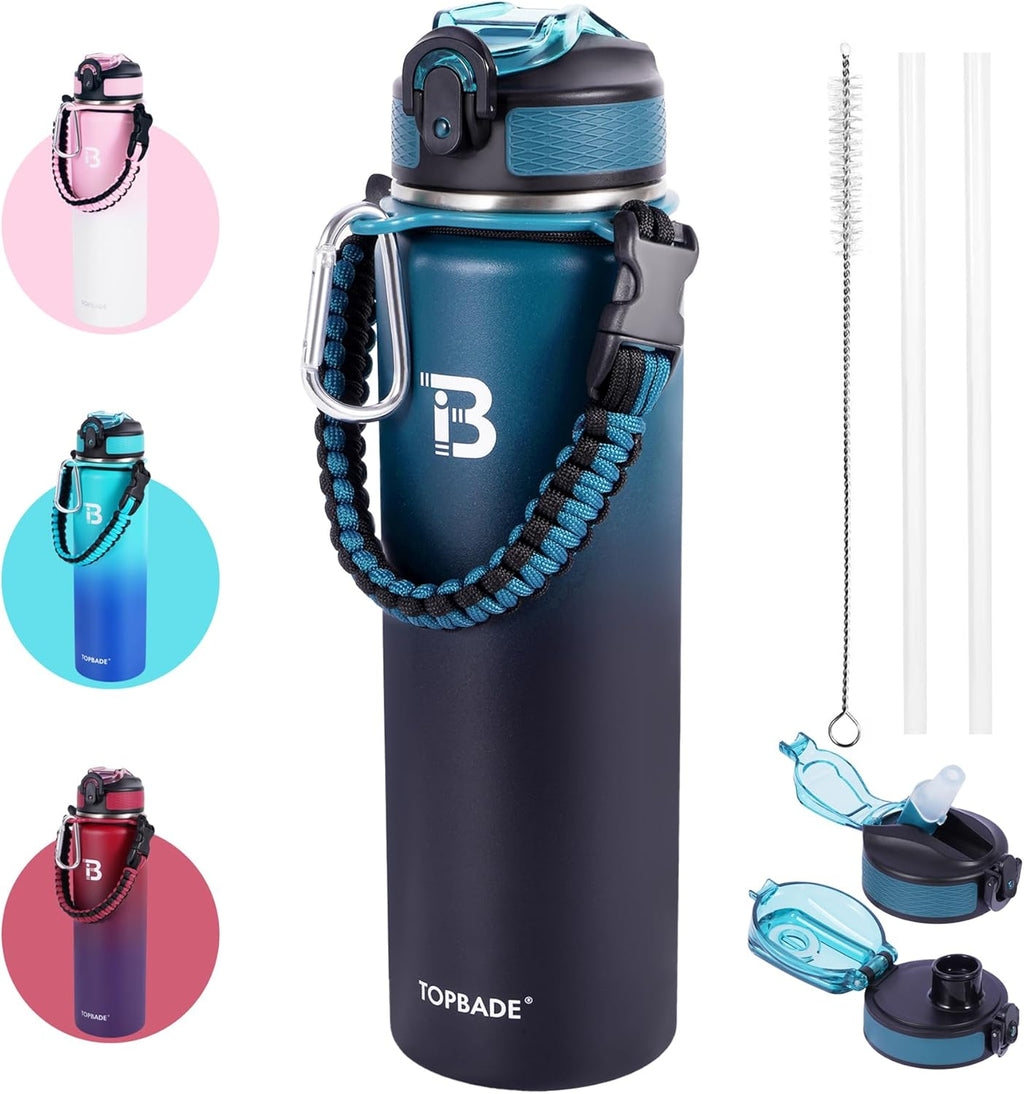 32oz Insulated Water Bottle with Straw Lid & Spout Lid & Paracord Handle, Stainless Steel Water Bottle Wide Mouth, Double Wall for Women Men Gym Fitness Outdoor