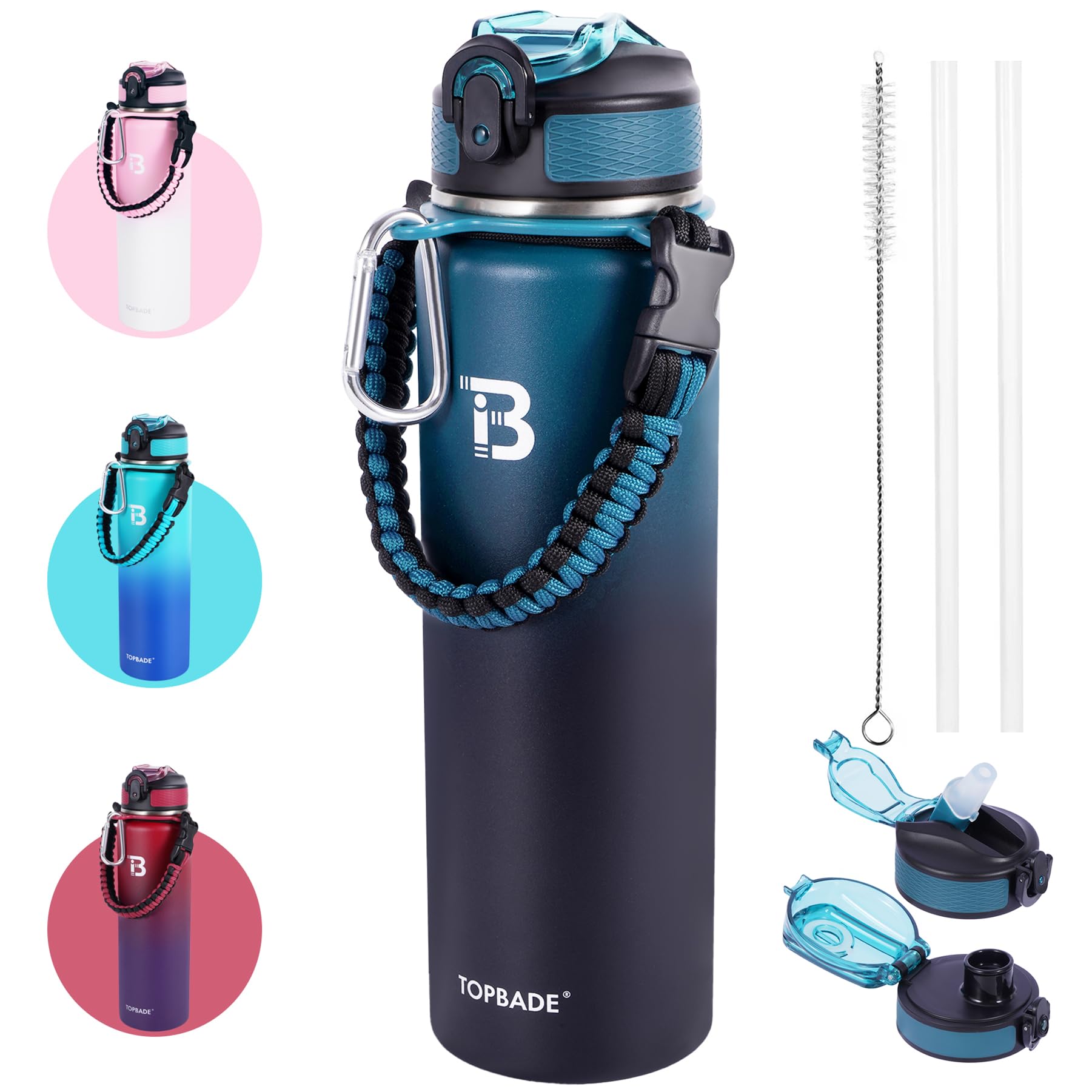 32oz Insulated Water Bottle with Straw Lid & Spout Lid & Paracord Handle, Stainless Steel Water Bottle Wide Mouth, Double Wall for Women Men Gym Fitness Outdoor