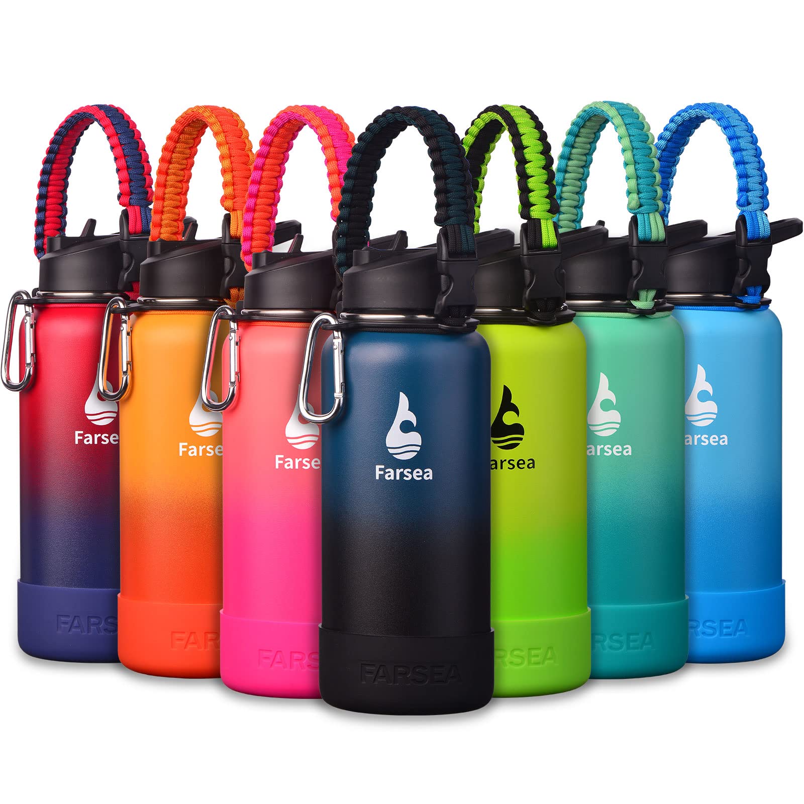 Farsea Insulated Water Bottle With Paracord Handle, Protective Silicone Boot and 2 Lids (Straw Lid & Spout Lid), Stainless Steel Water Bottle Wide Mouth, Double Wall Sweat-Proof BPA-Free, 18 oz