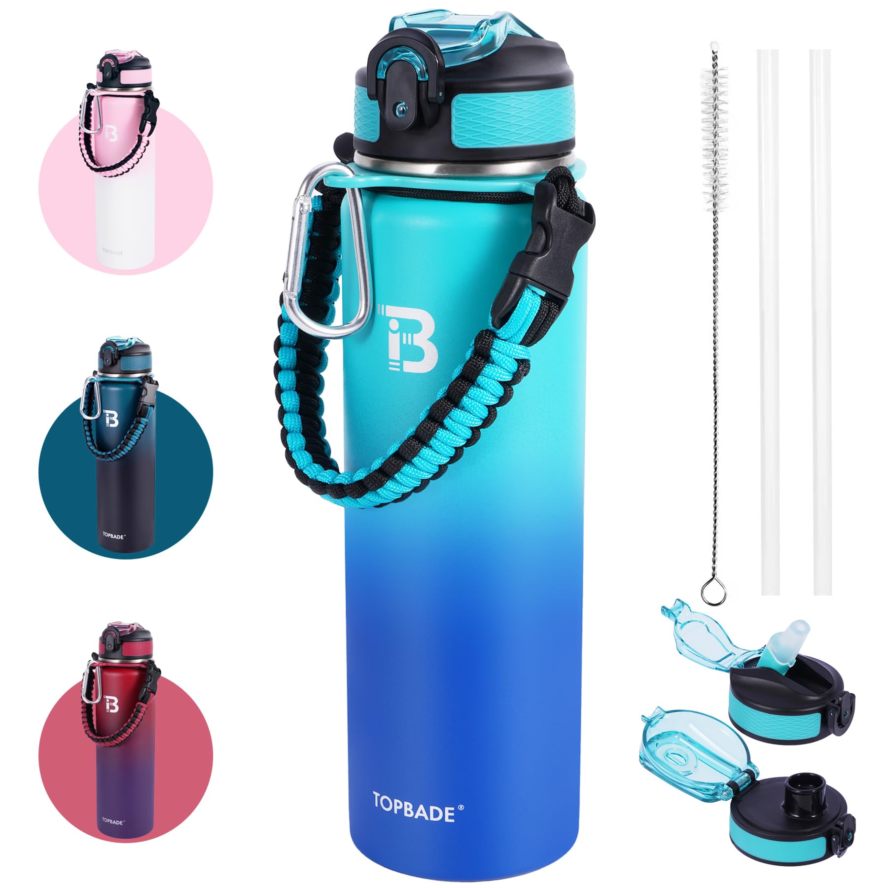 32oz Insulated Water Bottle with Straw Lid & Spout Lid & Paracord Handle, Stainless Steel Water Bottle Wide Mouth, Double Wall for Women Men Gym Fitness Outdoor
