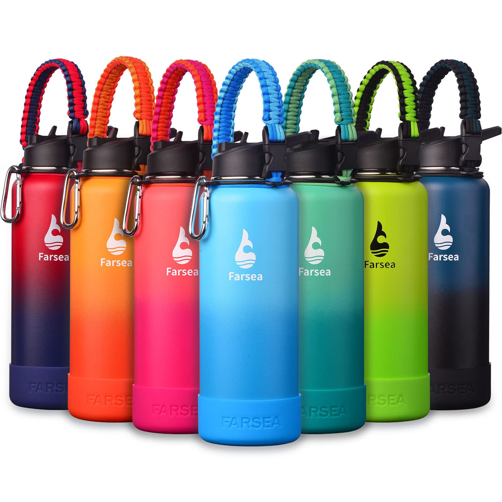 Farsea Insulated Water Bottle With Paracord Handle, Protective Silicone Boot and 2 Lids (Straw Lid & Spout Lid), Stainless Steel Water Bottle Wide Mouth, Double Wall Sweat-Proof BPA-Free, 18 oz