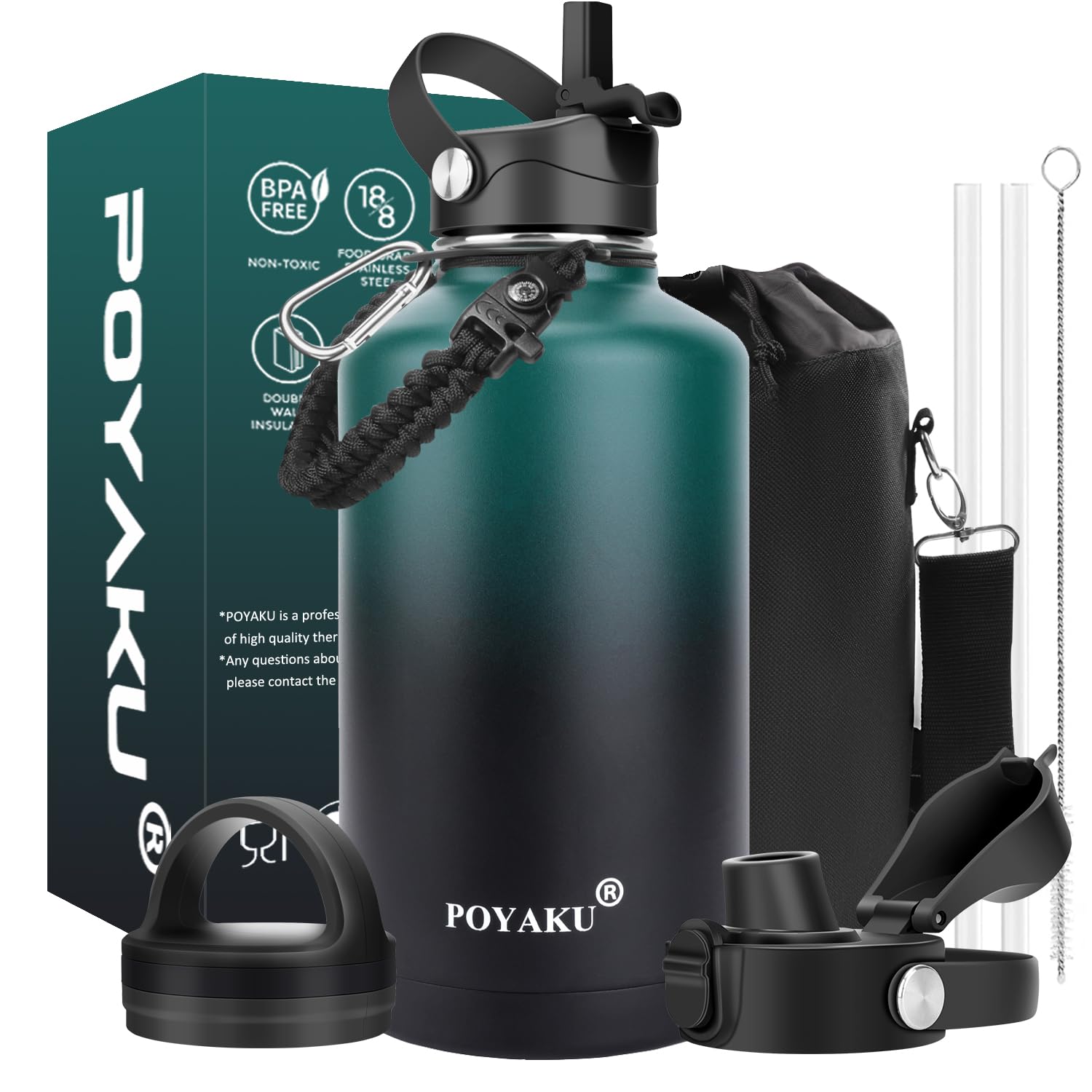 Water Bottle Insulated 32oz 40oz 64oz 128oz Straw Lid Spout Lid & 3 Lids, Leak Proof, Vacuum Insulated,Stainless Steel Water Bottle Wide Mouth for Sports, Gym or Office