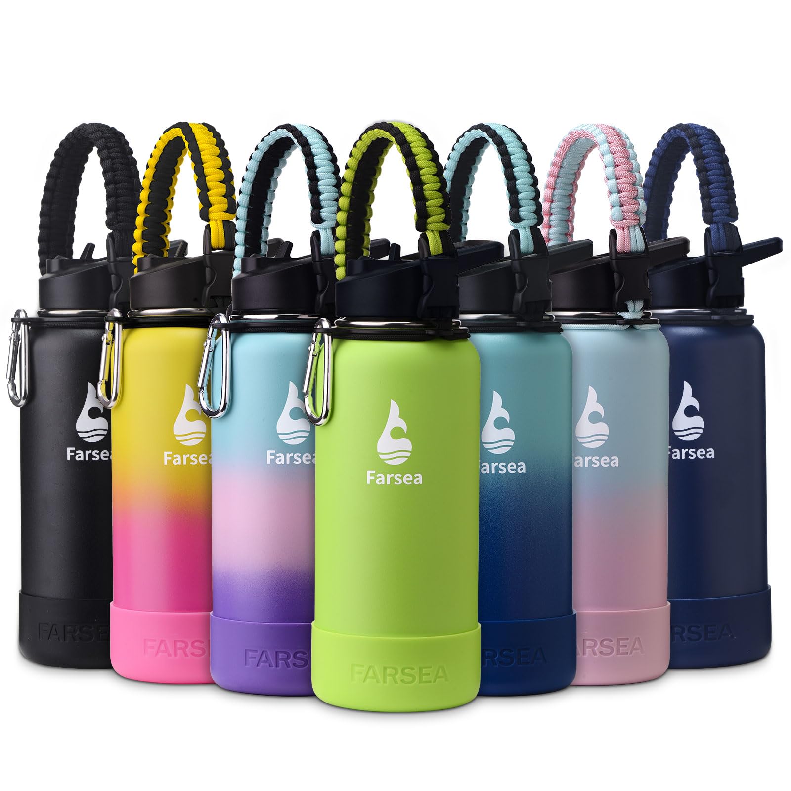 Farsea Insulated Water Bottle With Paracord Handle, Protective Silicone Boot and 2 Lids (Straw Lid & Spout Lid), Stainless Steel Water Bottle Wide Mouth, Double Wall Sweat-Proof BPA-Free, 18 oz