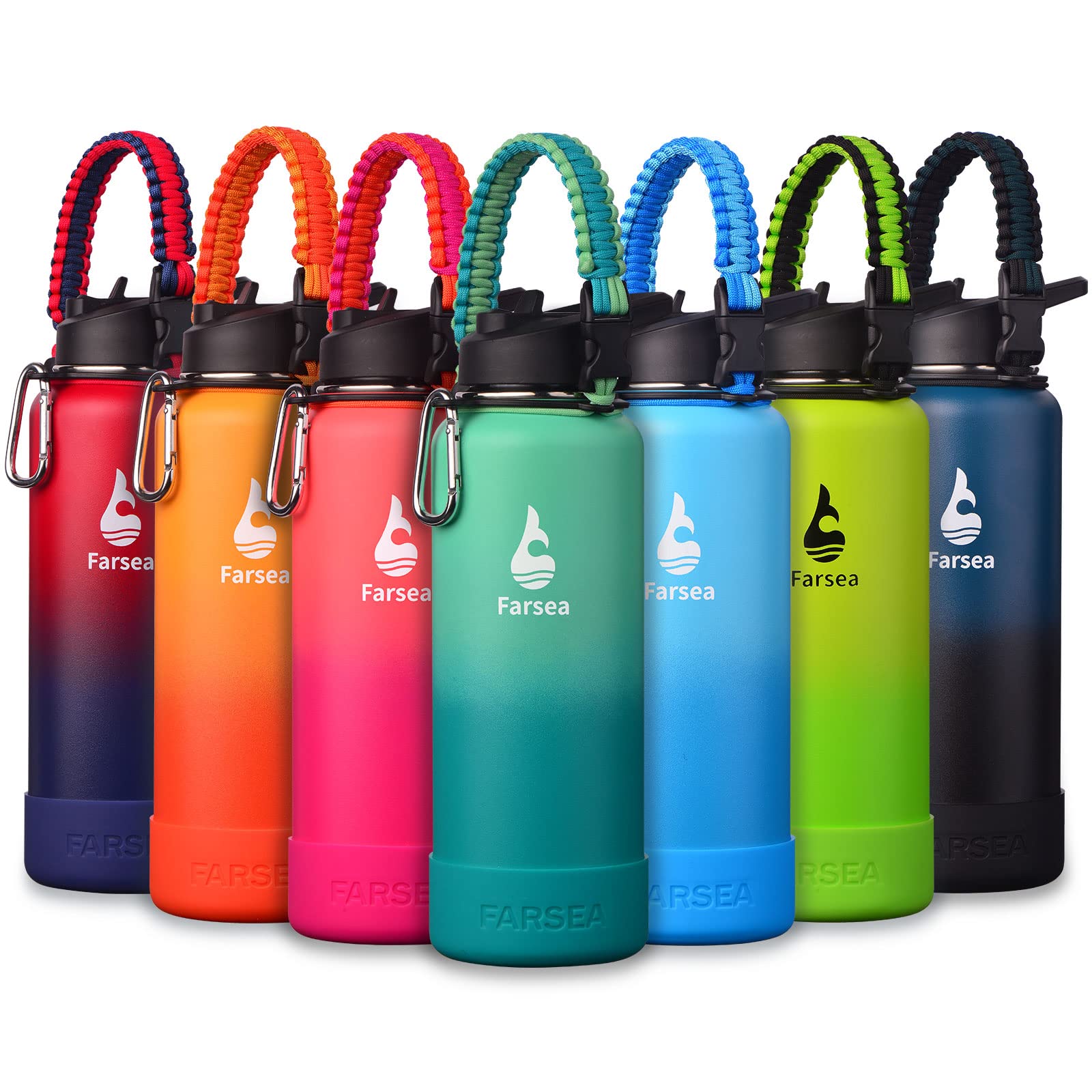 Farsea Insulated Water Bottle With Paracord Handle, Protective Silicone Boot and 2 Lids (Straw Lid & Spout Lid), Stainless Steel Water Bottle Wide Mouth, Double Wall Sweat-Proof BPA-Free, 18 oz