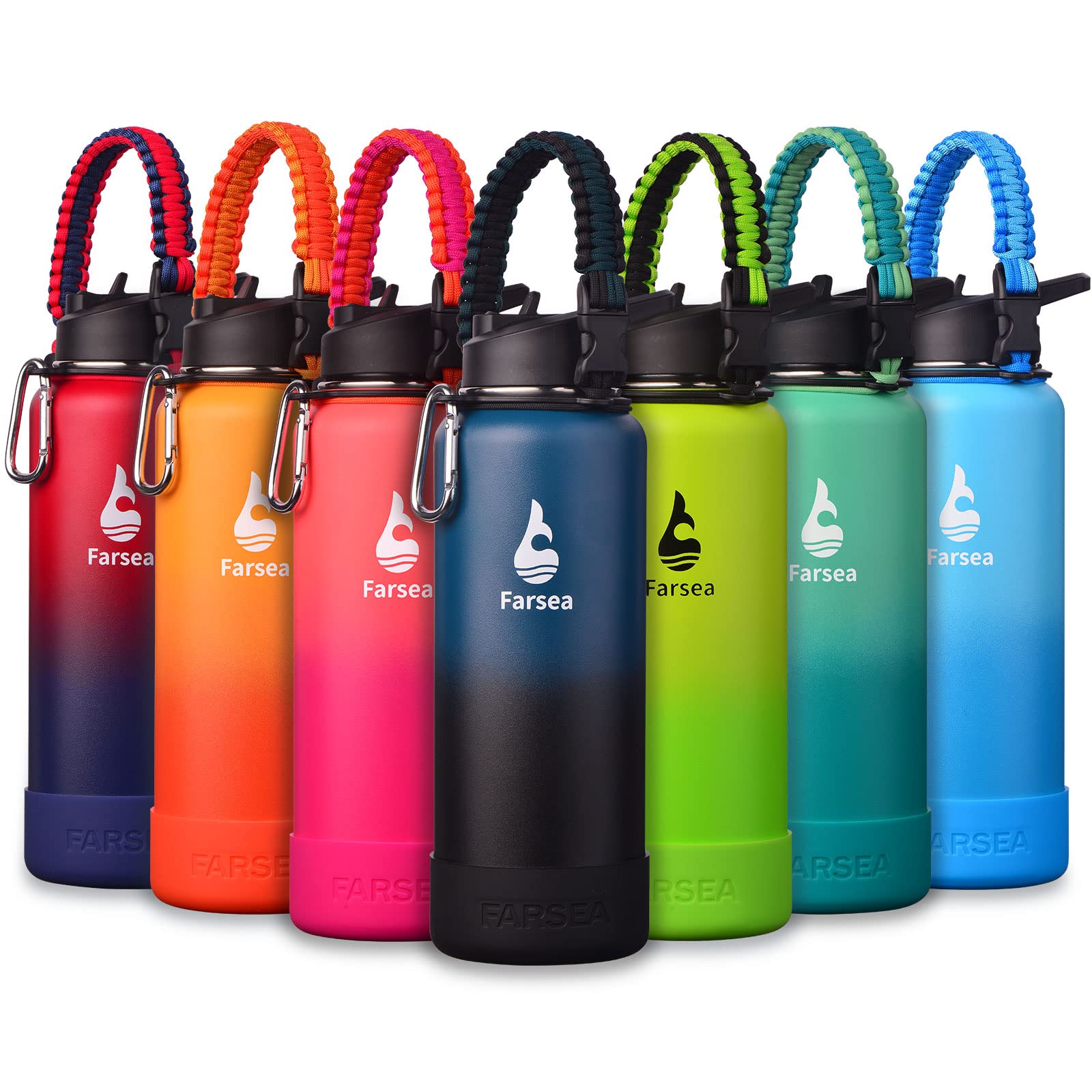 Farsea Insulated Water Bottle With Paracord Handle, Protective Silicone Boot and 2 Lids (Straw Lid & Spout Lid), Stainless Steel Water Bottle Wide Mouth, Double Wall Sweat-Proof BPA-Free, 18 oz