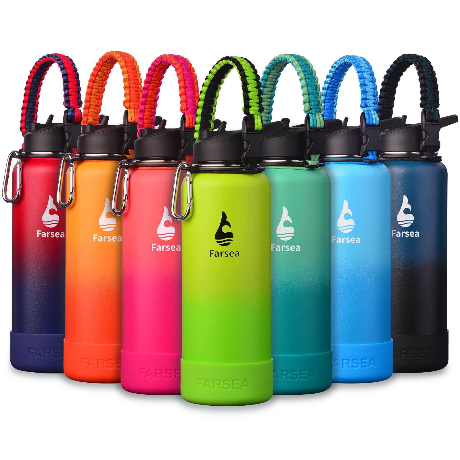 Farsea Insulated Water Bottle With Paracord Handle, Protective Silicone Boot and 2 Lids (Straw Lid & Spout Lid), Stainless Steel Water Bottle Wide Mouth, Double Wall Sweat-Proof BPA-Free, 18 oz