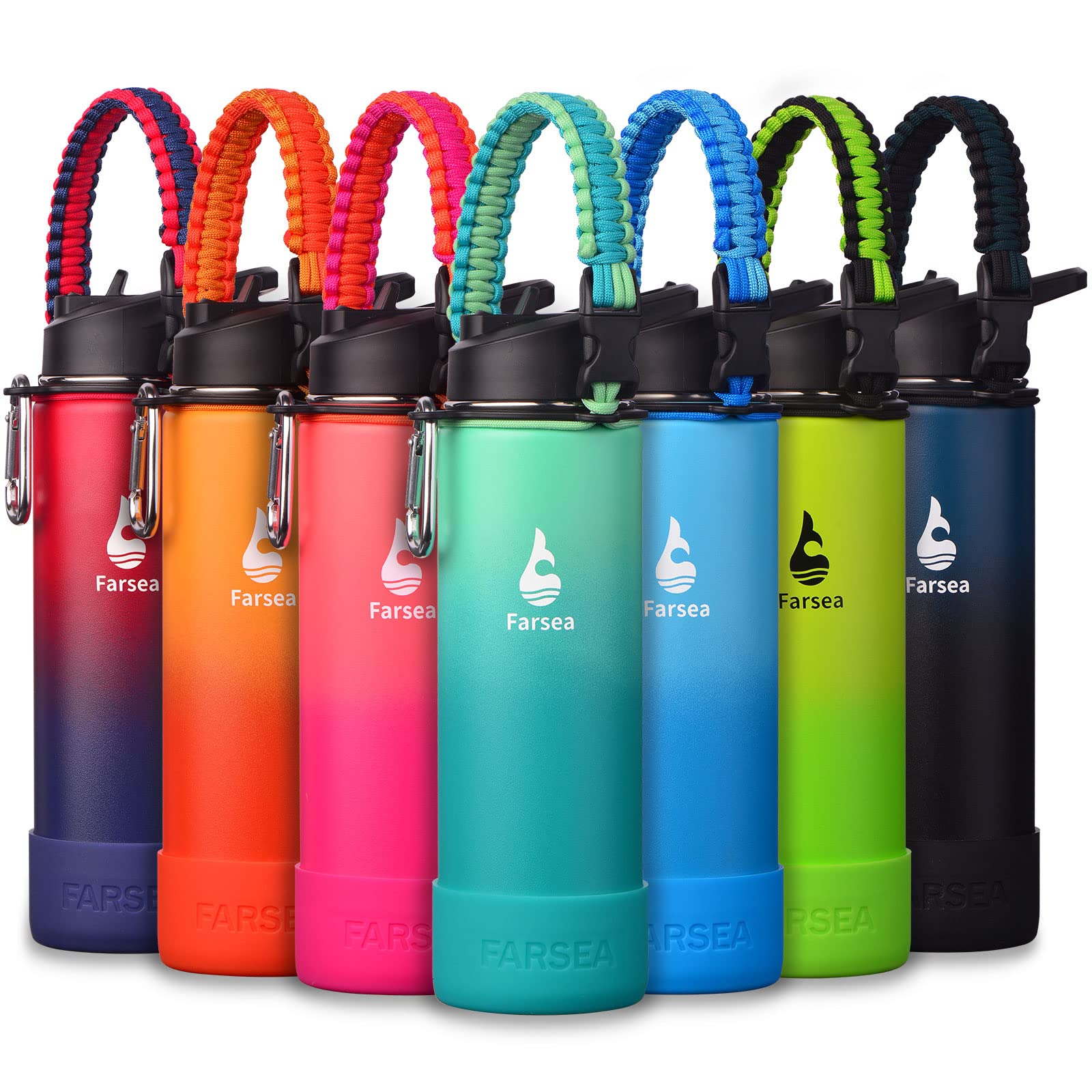 Farsea Insulated Water Bottle With Paracord Handle, Protective Silicone Boot and 2 Lids (Straw Lid & Spout Lid), Stainless Steel Water Bottle Wide Mouth, Double Wall Sweat-Proof BPA-Free, 18 oz