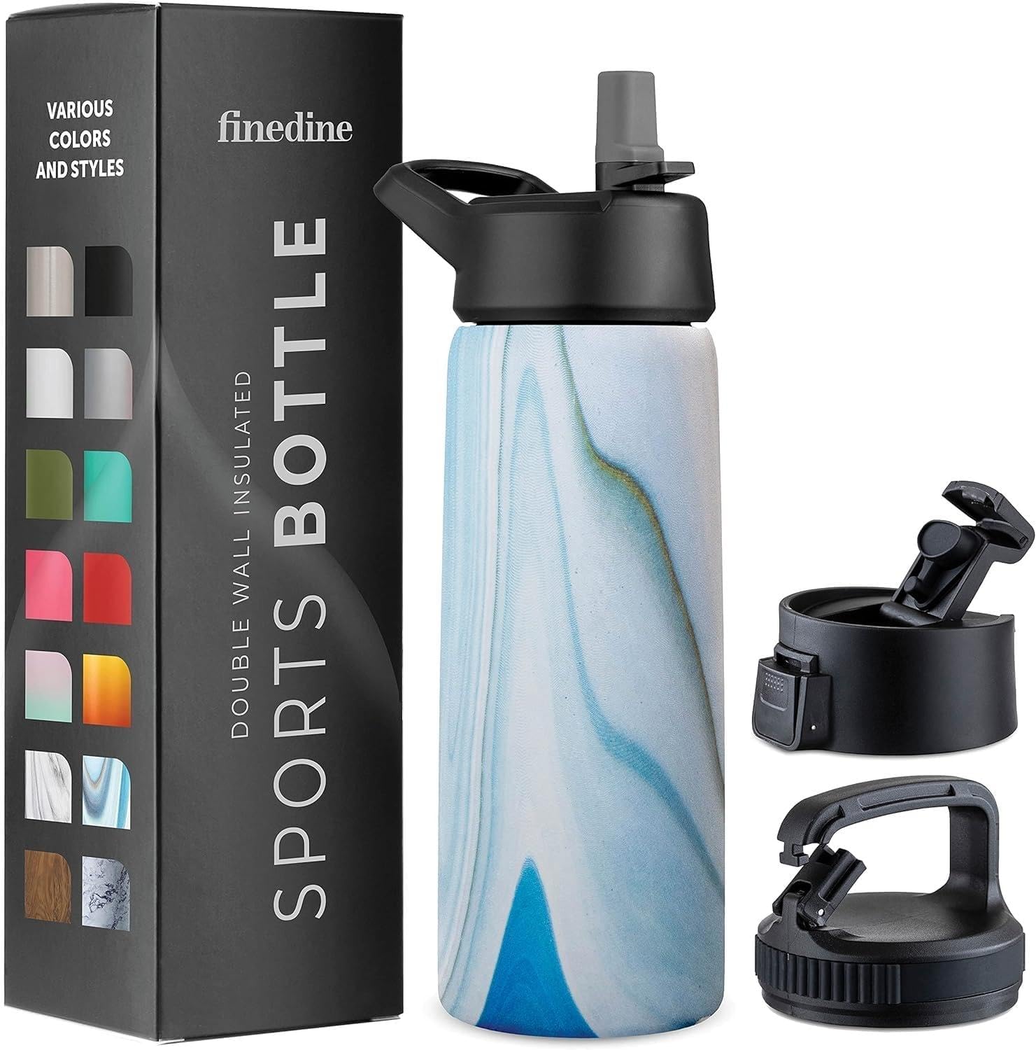 FineDine 25 Oz Insulated Water Bottle with Straw - Triple Walled Stainless Steel Metal Bottle W/ 3 Leak Proof Lids - For Travel, School, Sports, Gym/Men, Women & Kids - Inky Raven Black