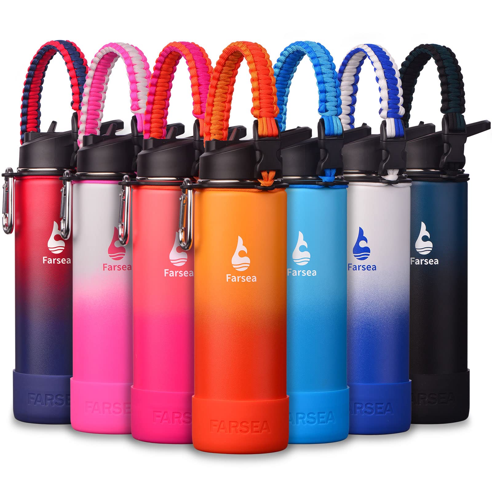 Farsea Insulated Water Bottle With Paracord Handle, Protective Silicone Boot and 2 Lids (Straw Lid & Spout Lid), Stainless Steel Water Bottle Wide Mouth, Double Wall Sweat-Proof BPA-Free, 18 oz