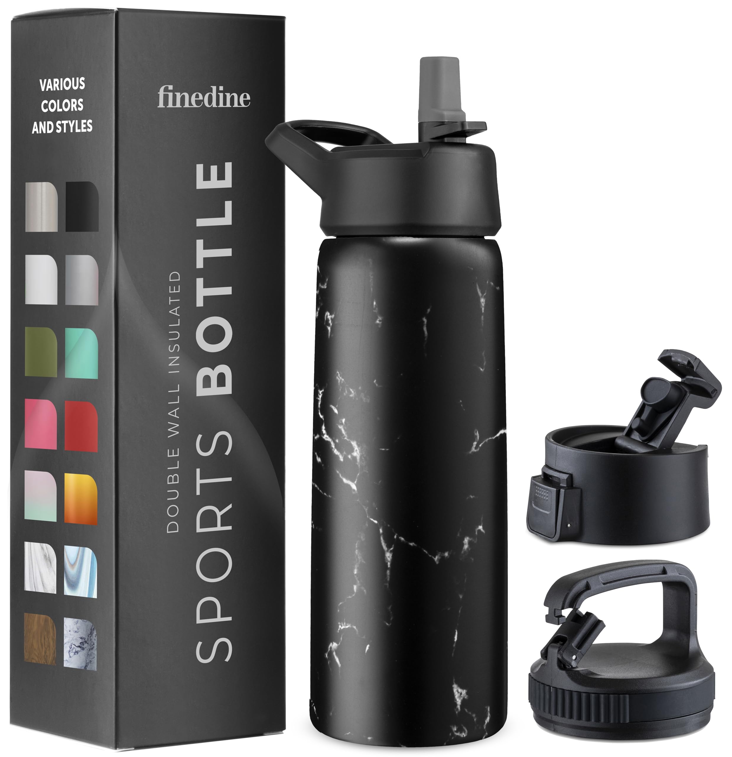FineDine 25 Oz Insulated Water Bottle with Straw - Triple Walled Stainless Steel Metal Bottle W/ 3 Leak Proof Lids - For Travel, School, Sports, Gym/Men, Women & Kids - Inky Raven Black