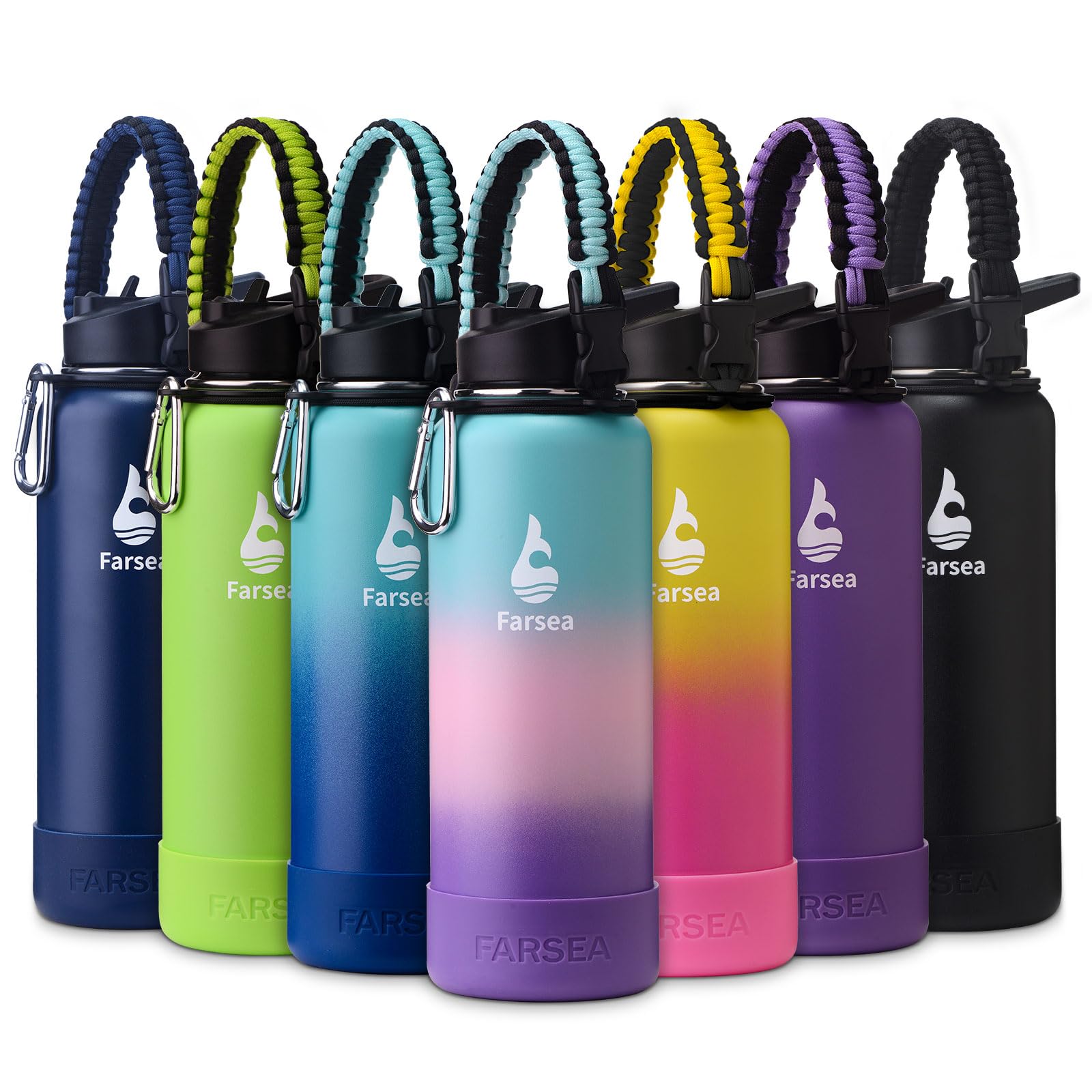 Farsea Insulated Water Bottle With Paracord Handle, Protective Silicone Boot and 2 Lids (Straw Lid & Spout Lid), Stainless Steel Water Bottle Wide Mouth, Double Wall Sweat-Proof BPA-Free, 18 oz