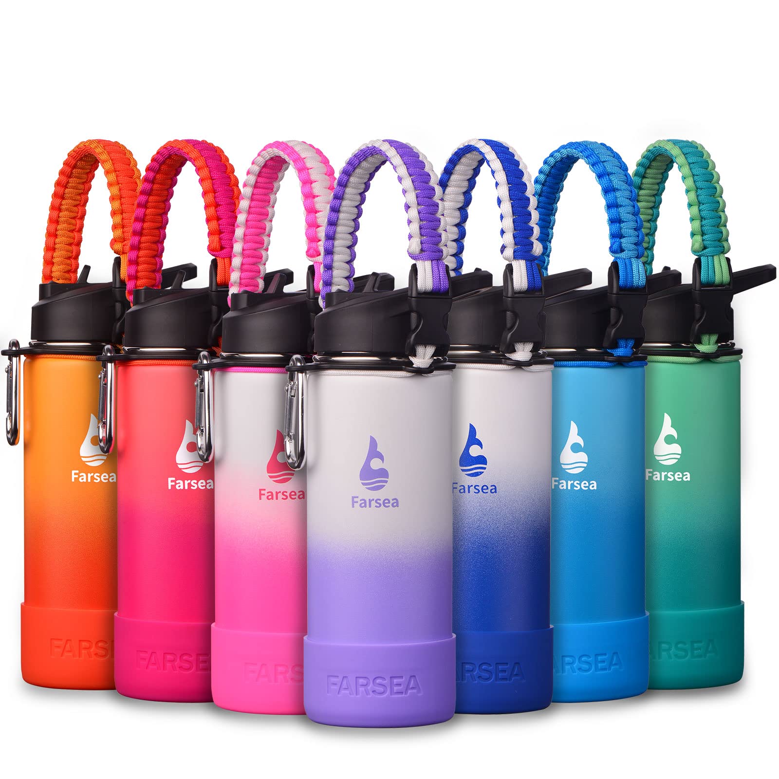Farsea Insulated Water Bottle With Paracord Handle, Protective Silicone Boot and 2 Lids (Straw Lid & Spout Lid), Stainless Steel Water Bottle Wide Mouth, Double Wall Sweat-Proof BPA-Free, 18 oz