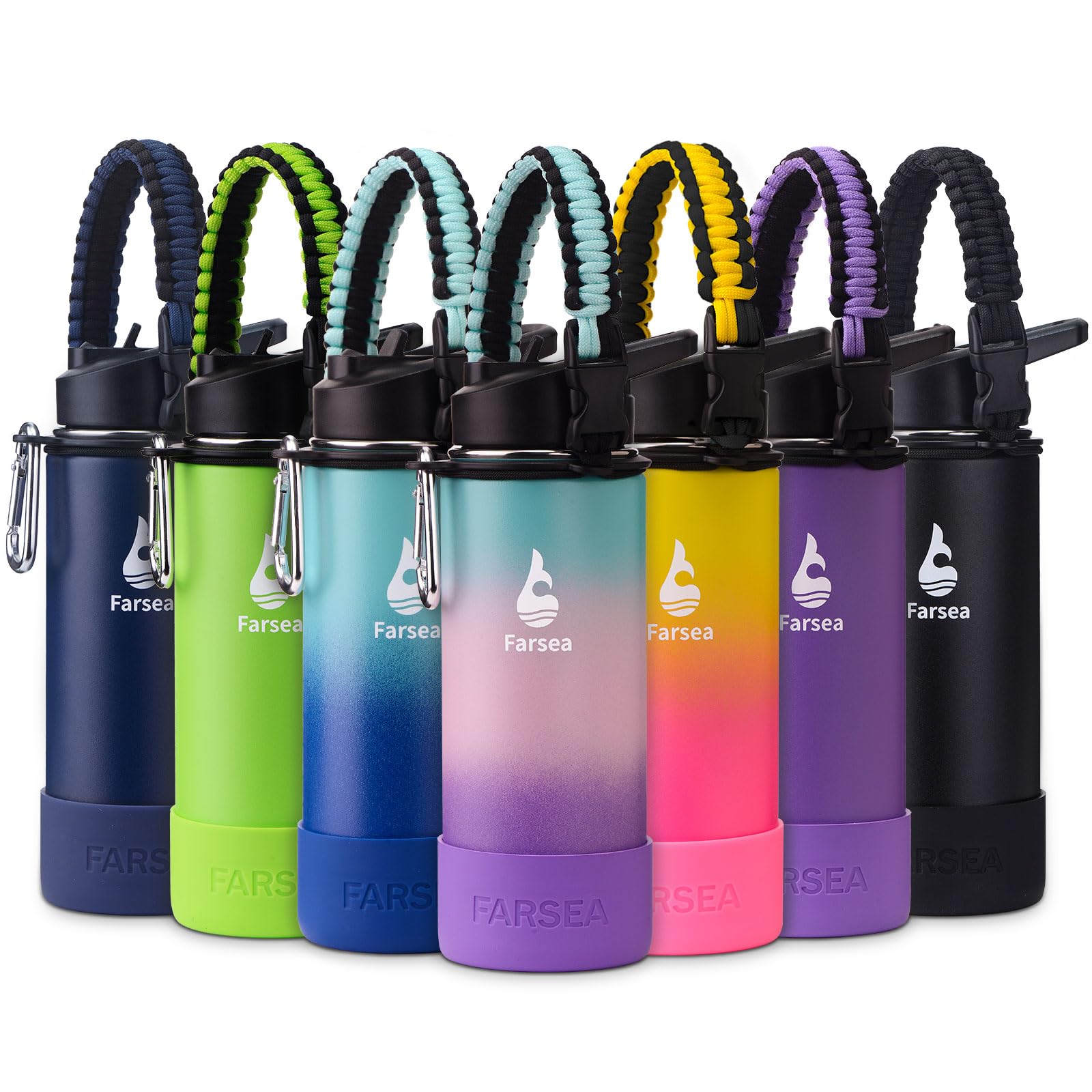 Farsea Insulated Water Bottle With Paracord Handle, Protective Silicone Boot and 2 Lids (Straw Lid & Spout Lid), Stainless Steel Water Bottle Wide Mouth, Double Wall Sweat-Proof BPA-Free, 18 oz