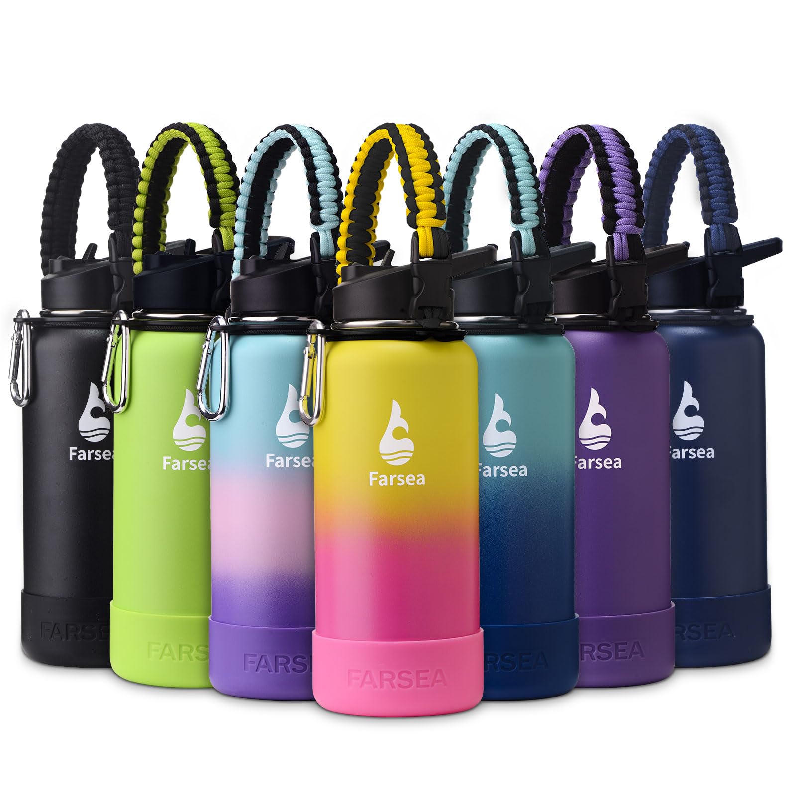 Farsea Insulated Water Bottle With Paracord Handle, Protective Silicone Boot and 2 Lids (Straw Lid & Spout Lid), Stainless Steel Water Bottle Wide Mouth, Double Wall Sweat-Proof BPA-Free, 18 oz