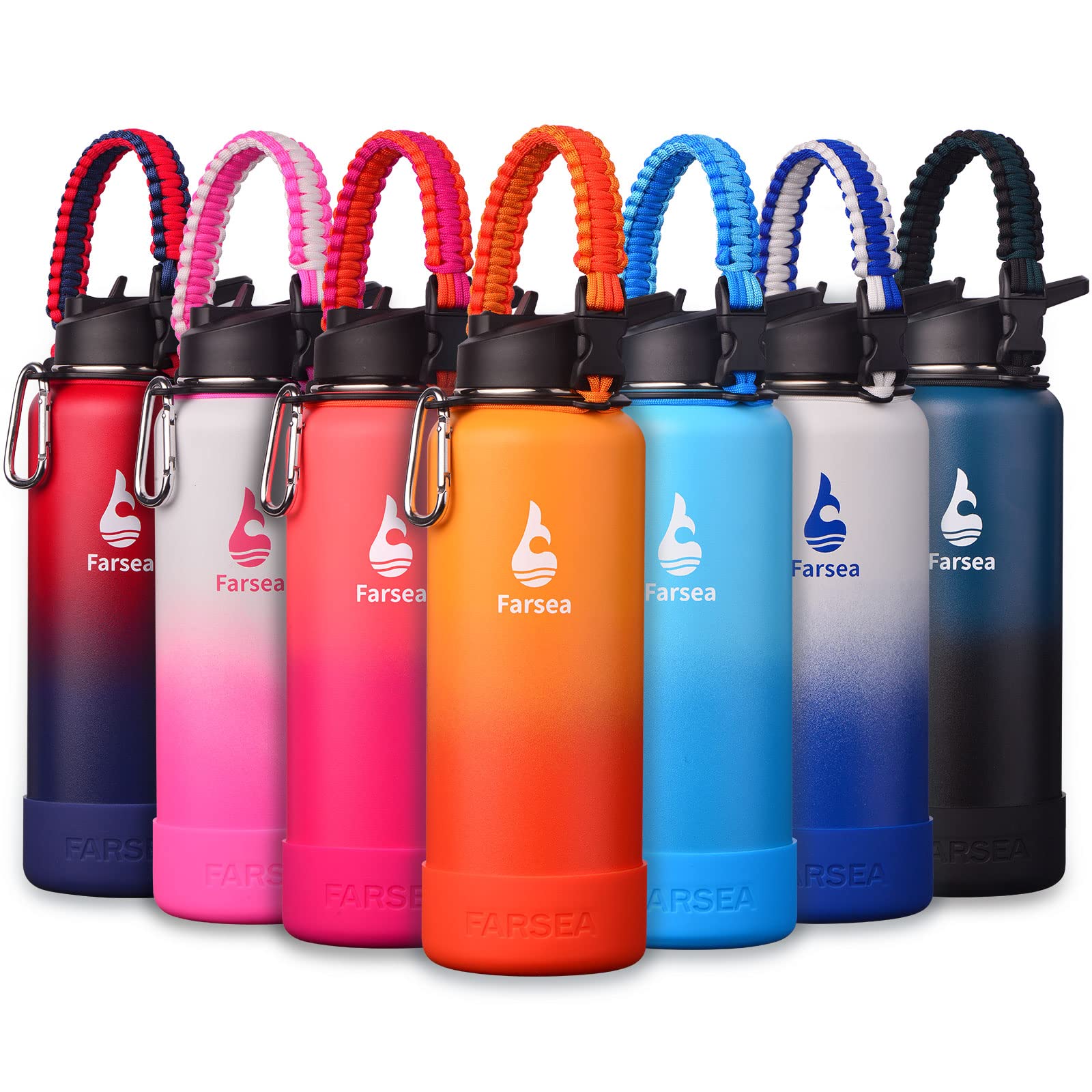 Farsea Insulated Water Bottle With Paracord Handle, Protective Silicone Boot and 2 Lids (Straw Lid & Spout Lid), Stainless Steel Water Bottle Wide Mouth, Double Wall Sweat-Proof BPA-Free, 18 oz