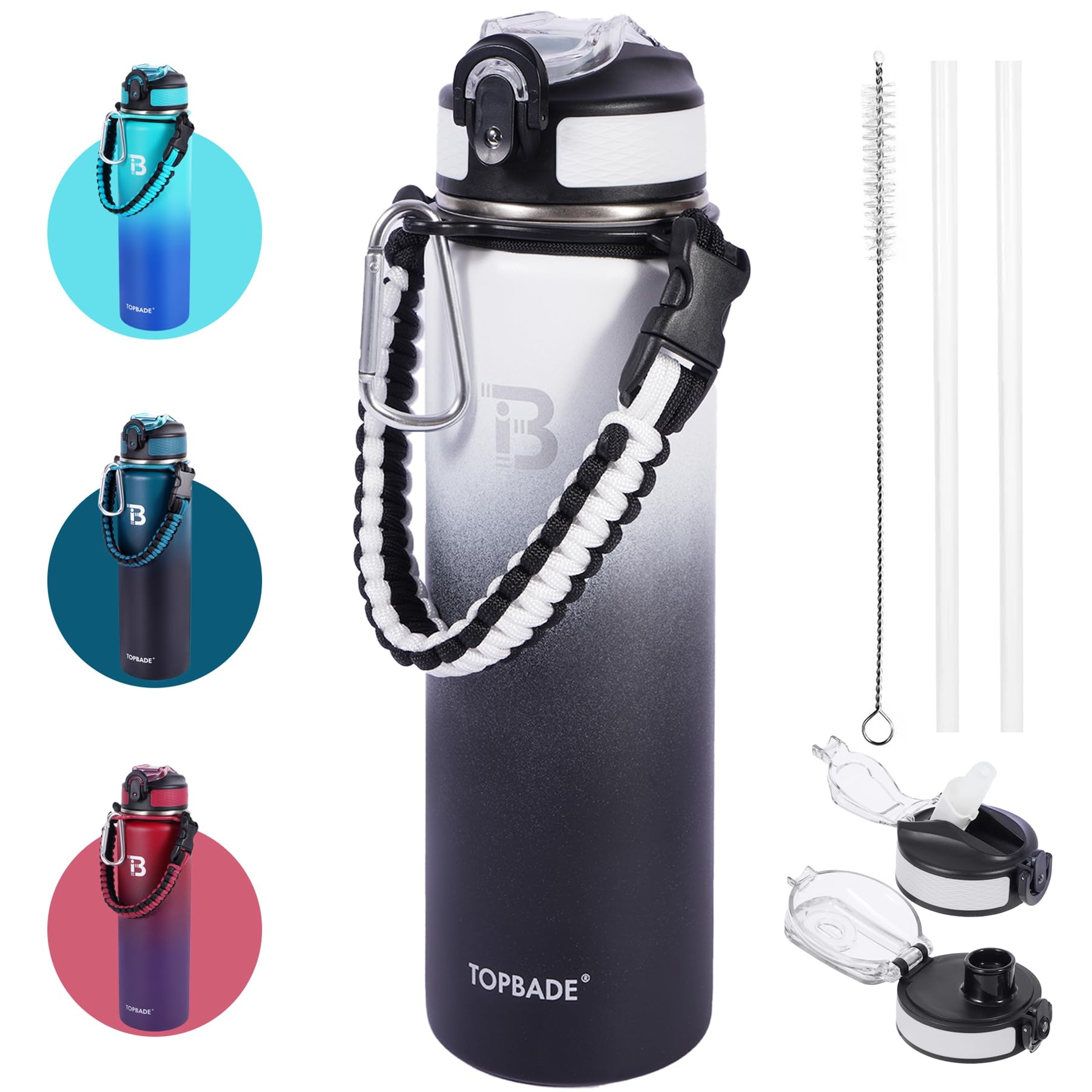 32oz Insulated Water Bottle with Straw Lid & Spout Lid & Paracord Handle, Stainless Steel Water Bottle Wide Mouth, Double Wall for Women Men Gym Fitness Outdoor