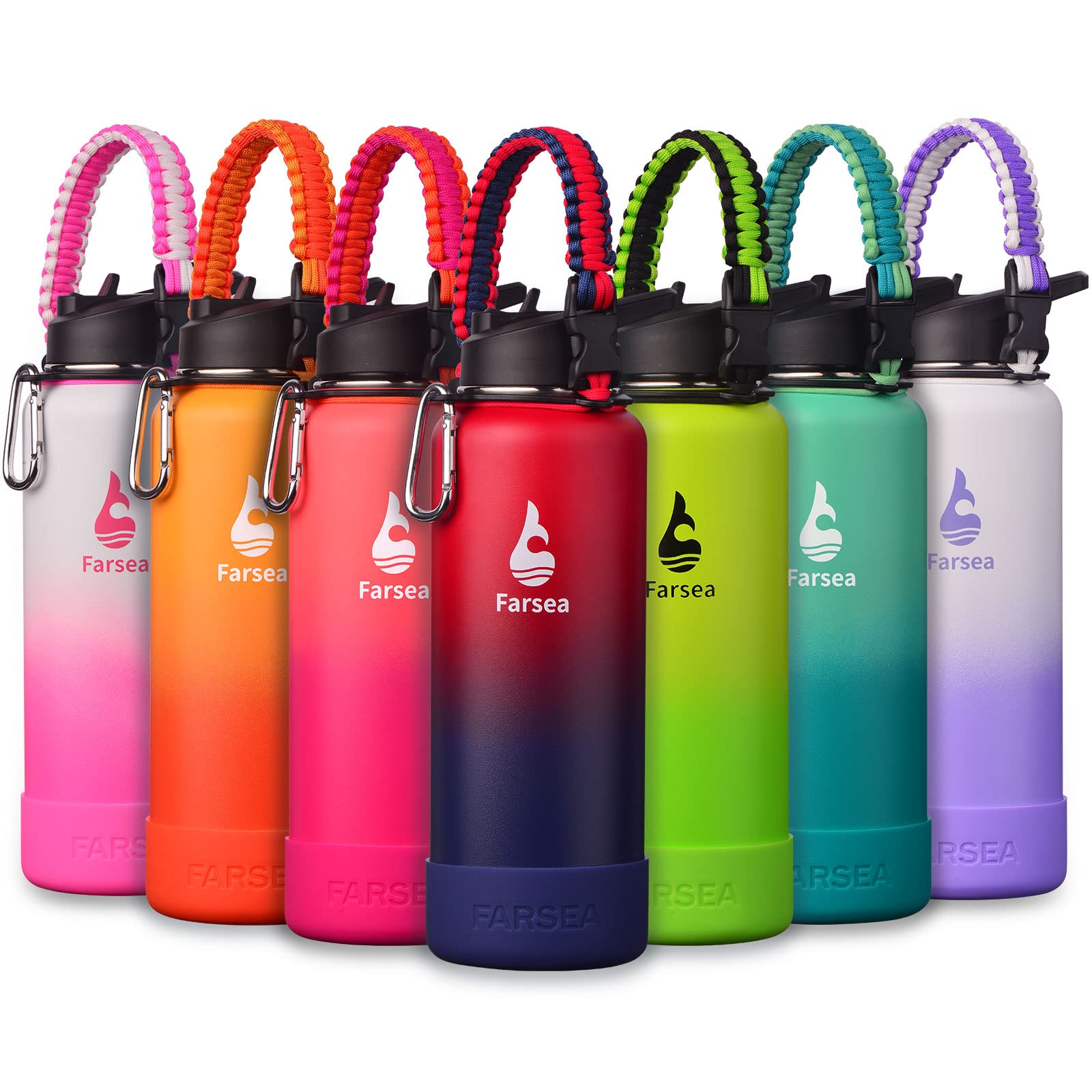 Farsea Insulated Water Bottle With Paracord Handle, Protective Silicone Boot and 2 Lids (Straw Lid & Spout Lid), Stainless Steel Water Bottle Wide Mouth, Double Wall Sweat-Proof BPA-Free, 18 oz