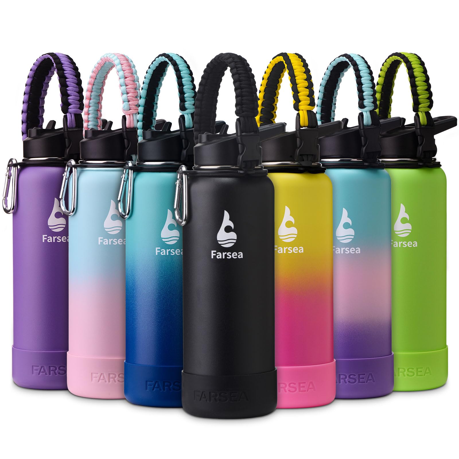 Farsea Insulated Water Bottle With Paracord Handle, Protective Silicone Boot and 2 Lids (Straw Lid & Spout Lid), Stainless Steel Water Bottle Wide Mouth, Double Wall Sweat-Proof BPA-Free, 18 oz