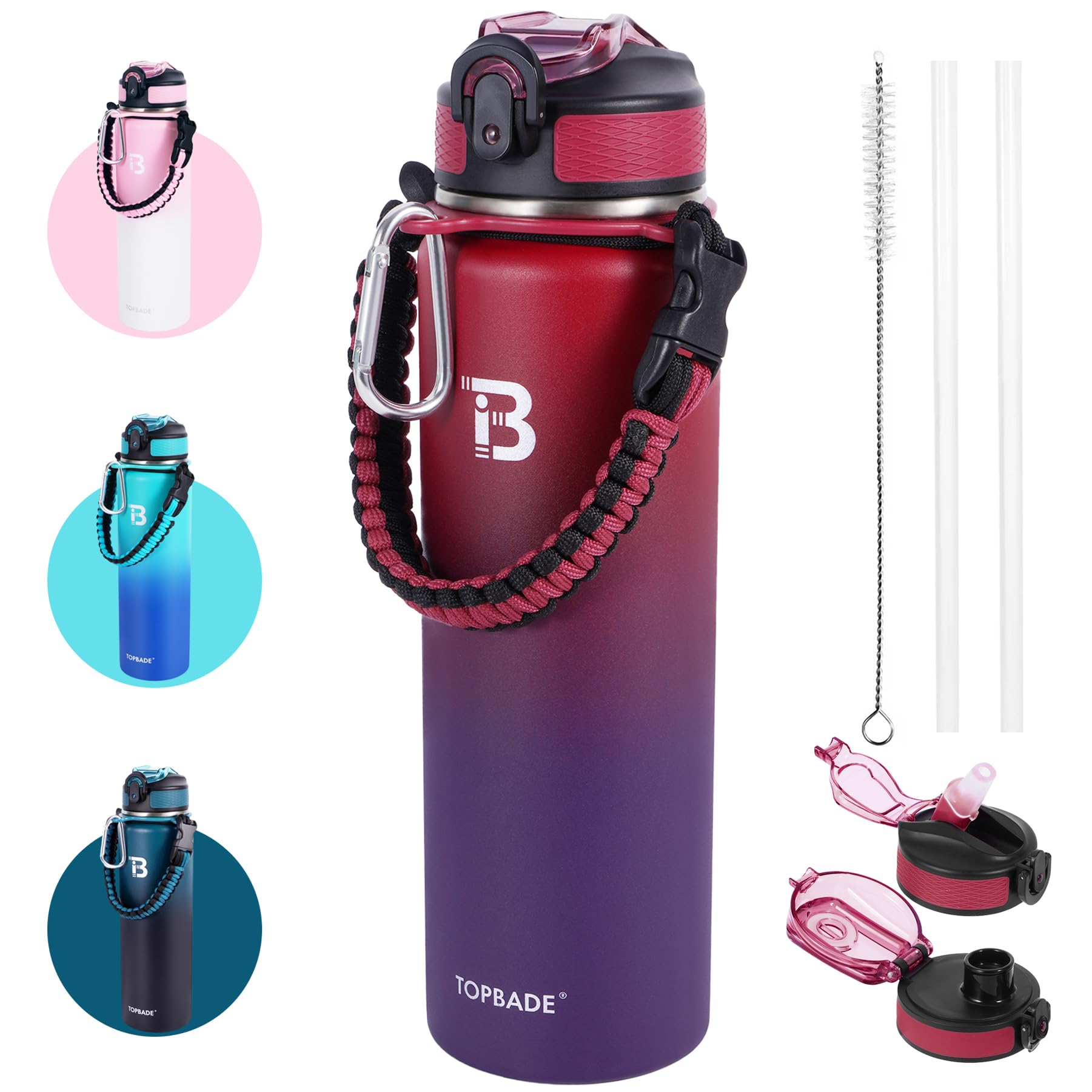 32oz Insulated Water Bottle with Straw Lid & Spout Lid & Paracord Handle, Stainless Steel Water Bottle Wide Mouth, Double Wall for Women Men Gym Fitness Outdoor