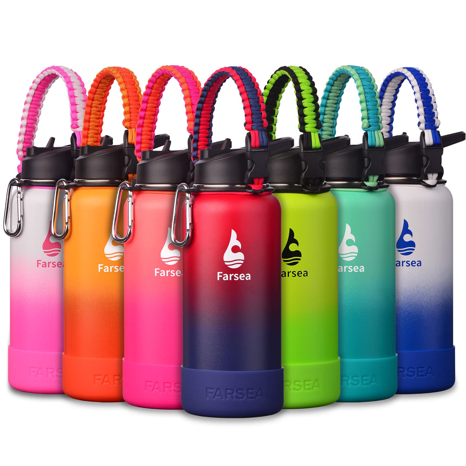 Farsea Insulated Water Bottle With Paracord Handle, Protective Silicone Boot and 2 Lids (Straw Lid & Spout Lid), Stainless Steel Water Bottle Wide Mouth, Double Wall Sweat-Proof BPA-Free, 18 oz