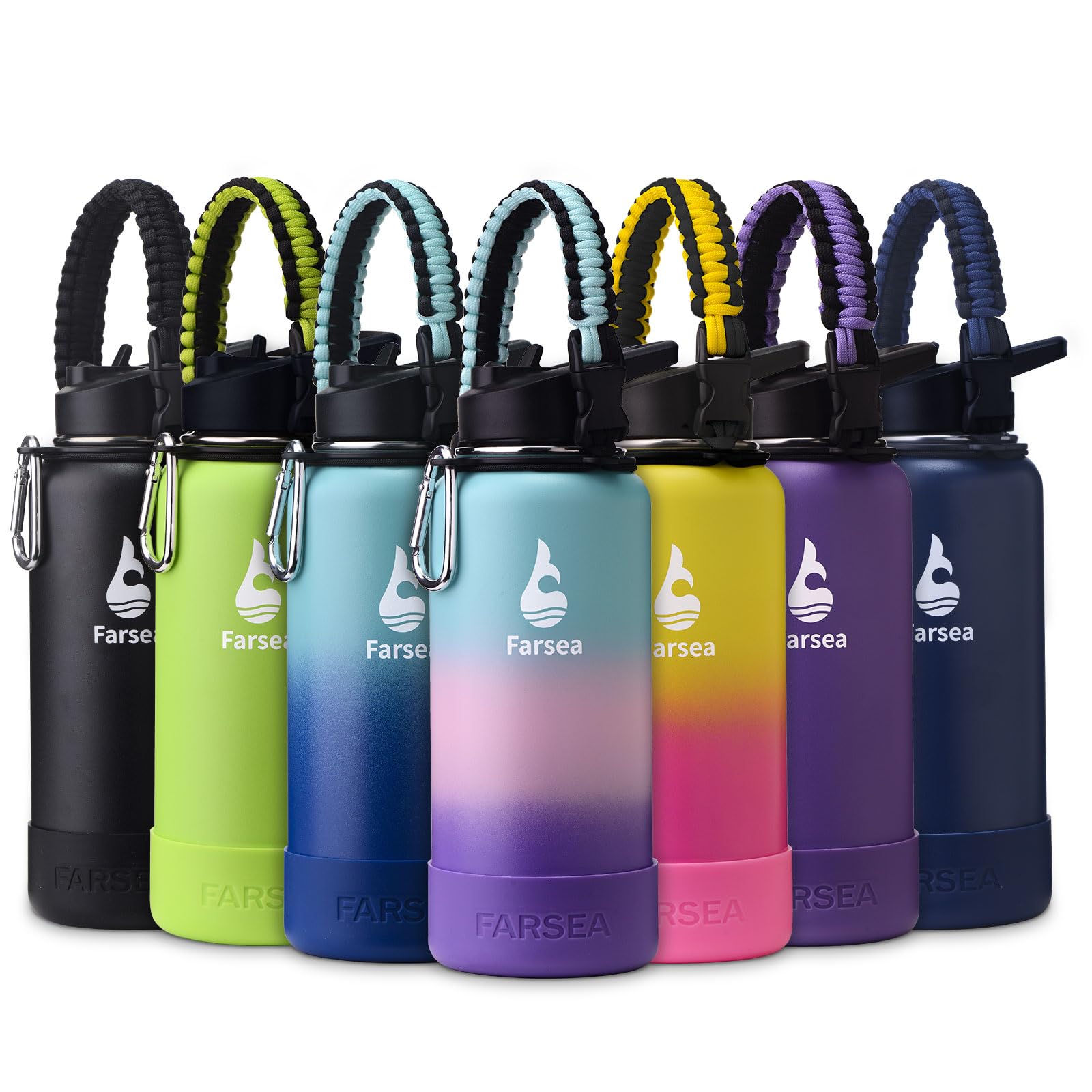 Farsea Insulated Water Bottle With Paracord Handle, Protective Silicone Boot and 2 Lids (Straw Lid & Spout Lid), Stainless Steel Water Bottle Wide Mouth, Double Wall Sweat-Proof BPA-Free, 18 oz