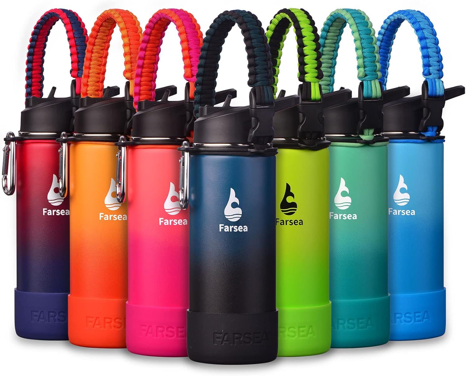 Farsea Insulated Water Bottle With Paracord Handle, Protective Silicone Boot and 2 Lids (Straw Lid & Spout Lid), Stainless Steel Water Bottle Wide Mouth, Double Wall Sweat-Proof BPA-Free, 18 oz
